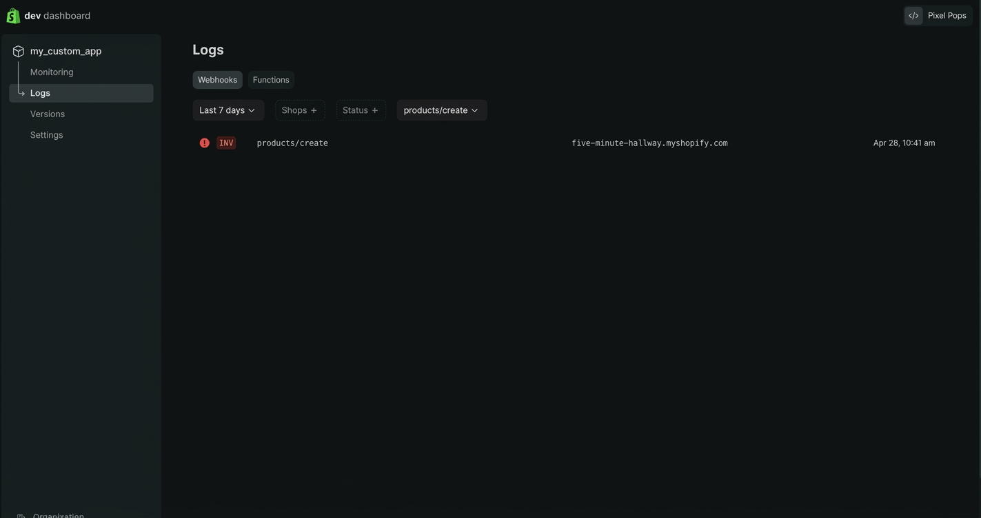 The Logs page in the Dev Dashboard showing a list of Events deliveries for the Product topic, with response codes and timestamps.