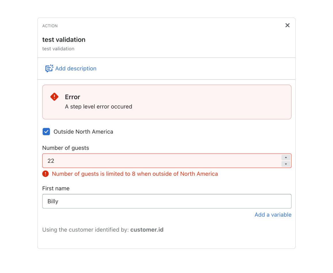 An image of error messages in the action configuration pane.