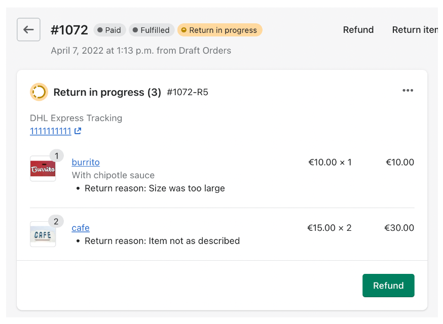 The order details page
