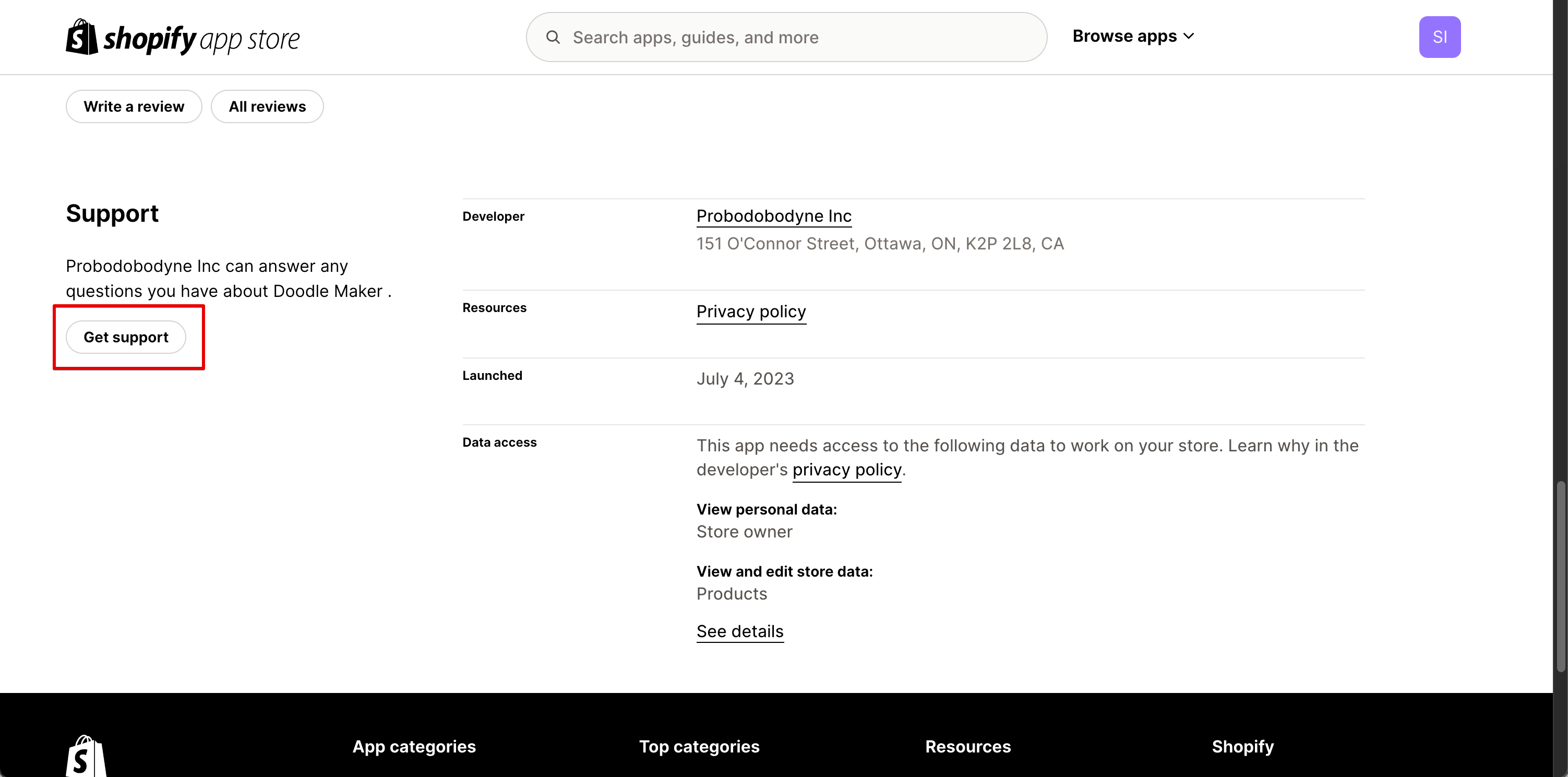 "Get support" link in the Shopify App Store