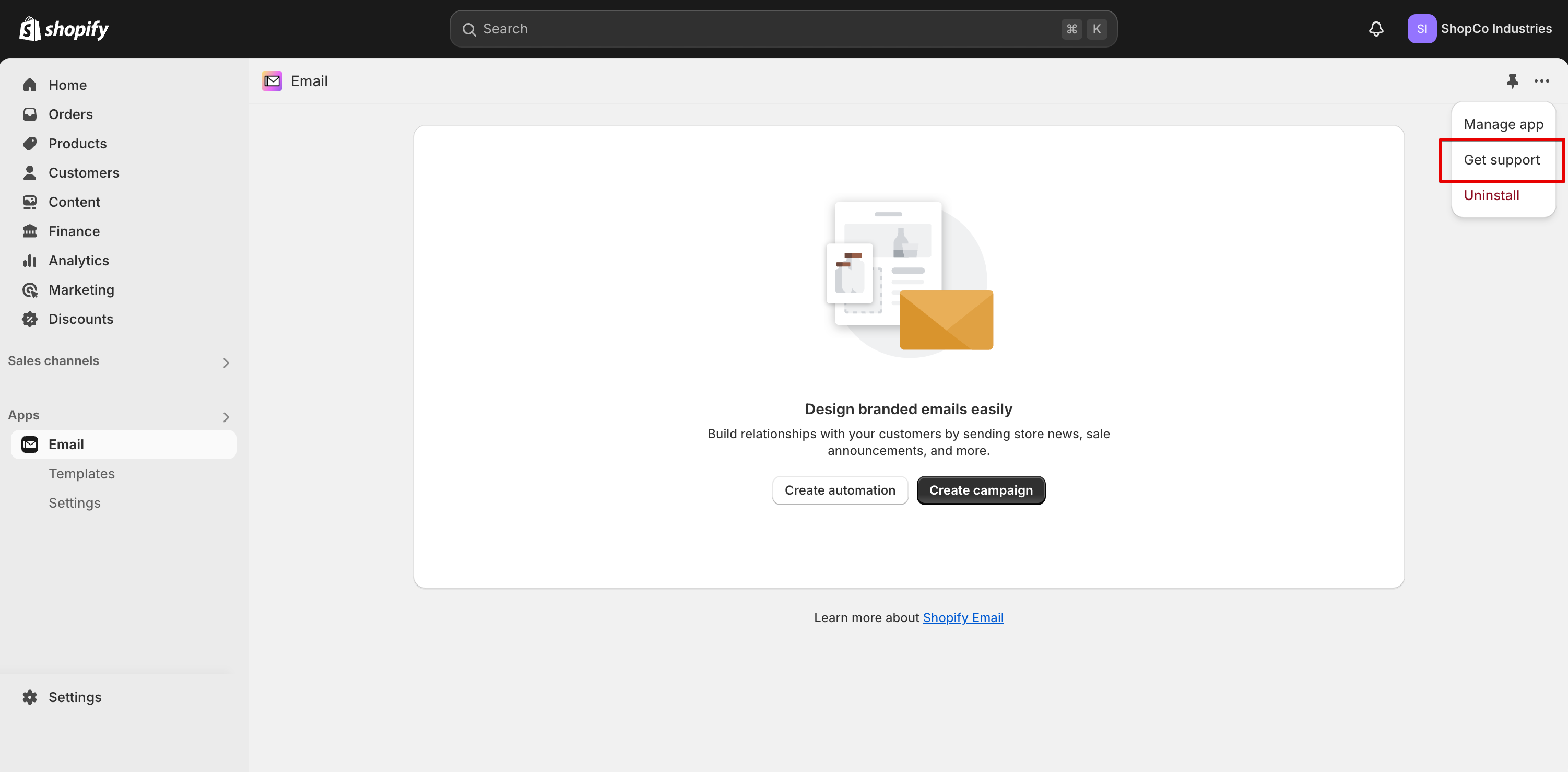 "Get support" link in an app in the Shopify admin