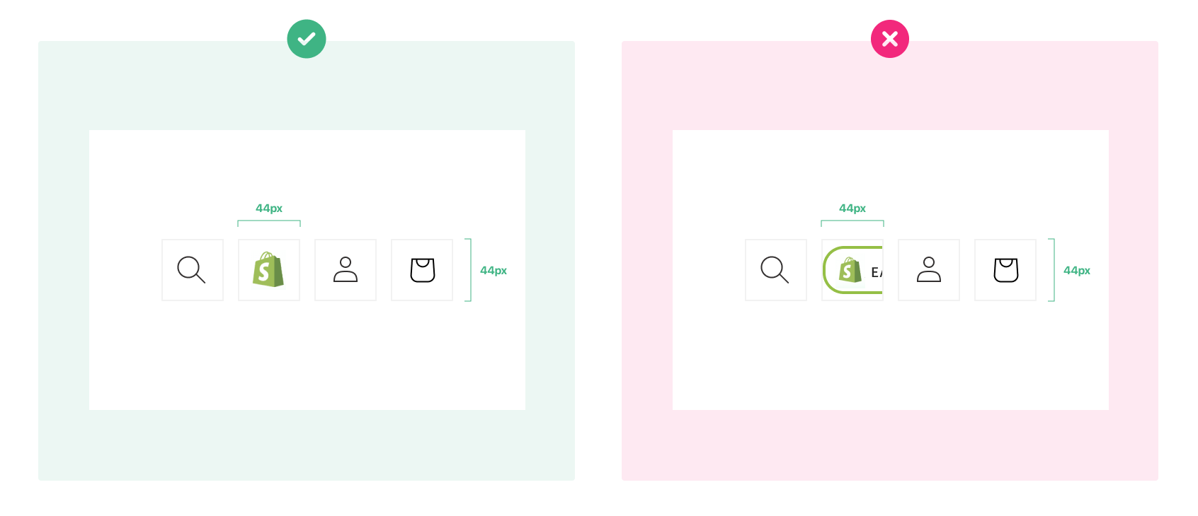 Shows an icon that is no larger than 24px by 24px to maintain size and whitespace proportions inline with other header elements