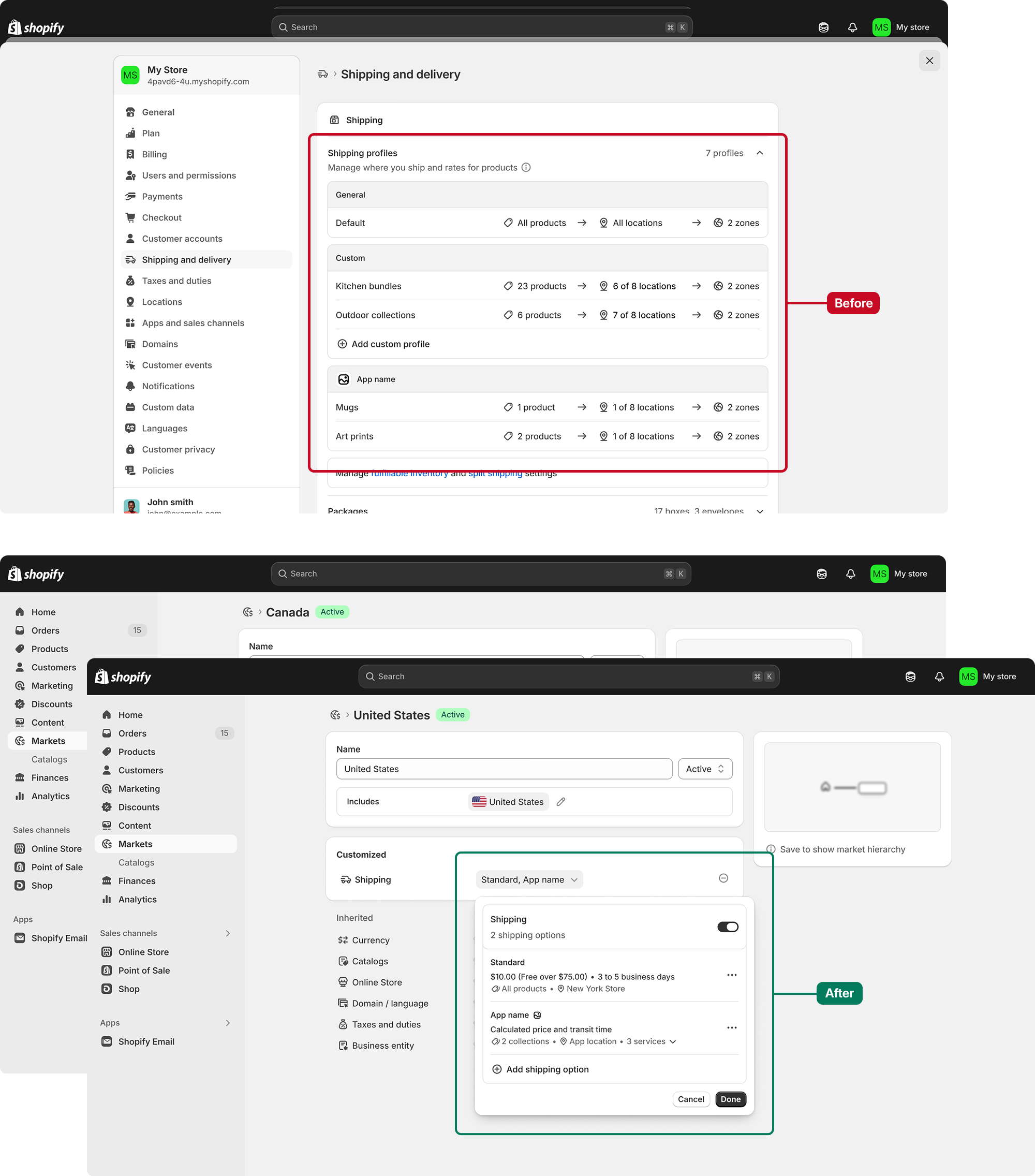 Before and after of merchant shipping configuration: shipping profiles in Shipping and delivery settings move to shipping options attached to a market in Markets.