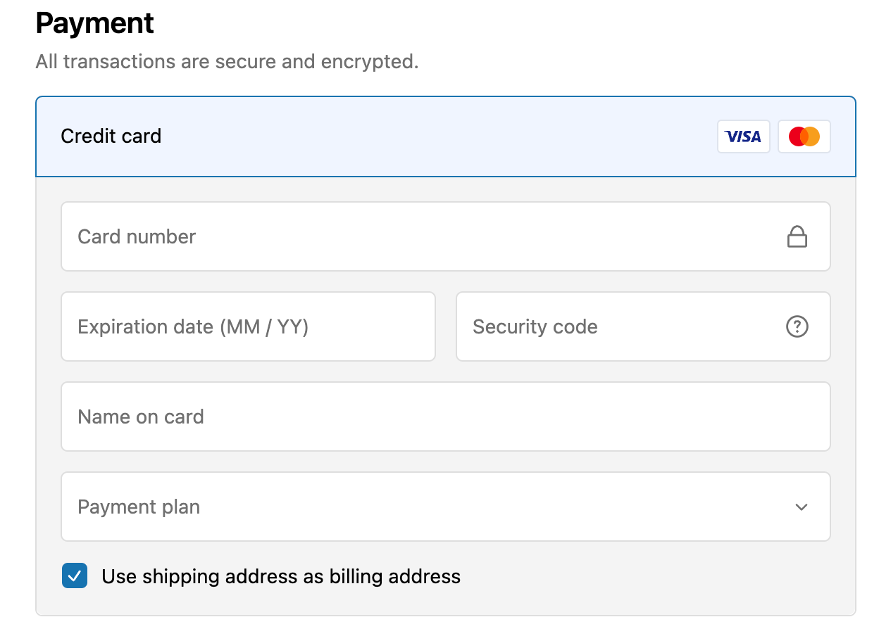 An image of example credit card payment method with a UI extension
