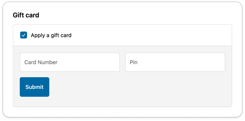 Example gift card payment method