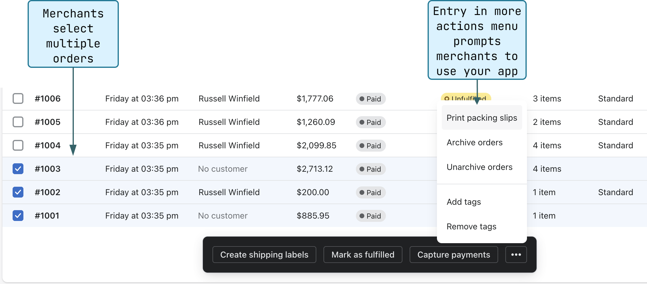 A diagram that shows the order list page in the Shopify admin. The screenshot highlights a bulk action link that is rendered by an app extension. Multiple orders are selected, and the drop-down list where the bulk action link lives is shown.