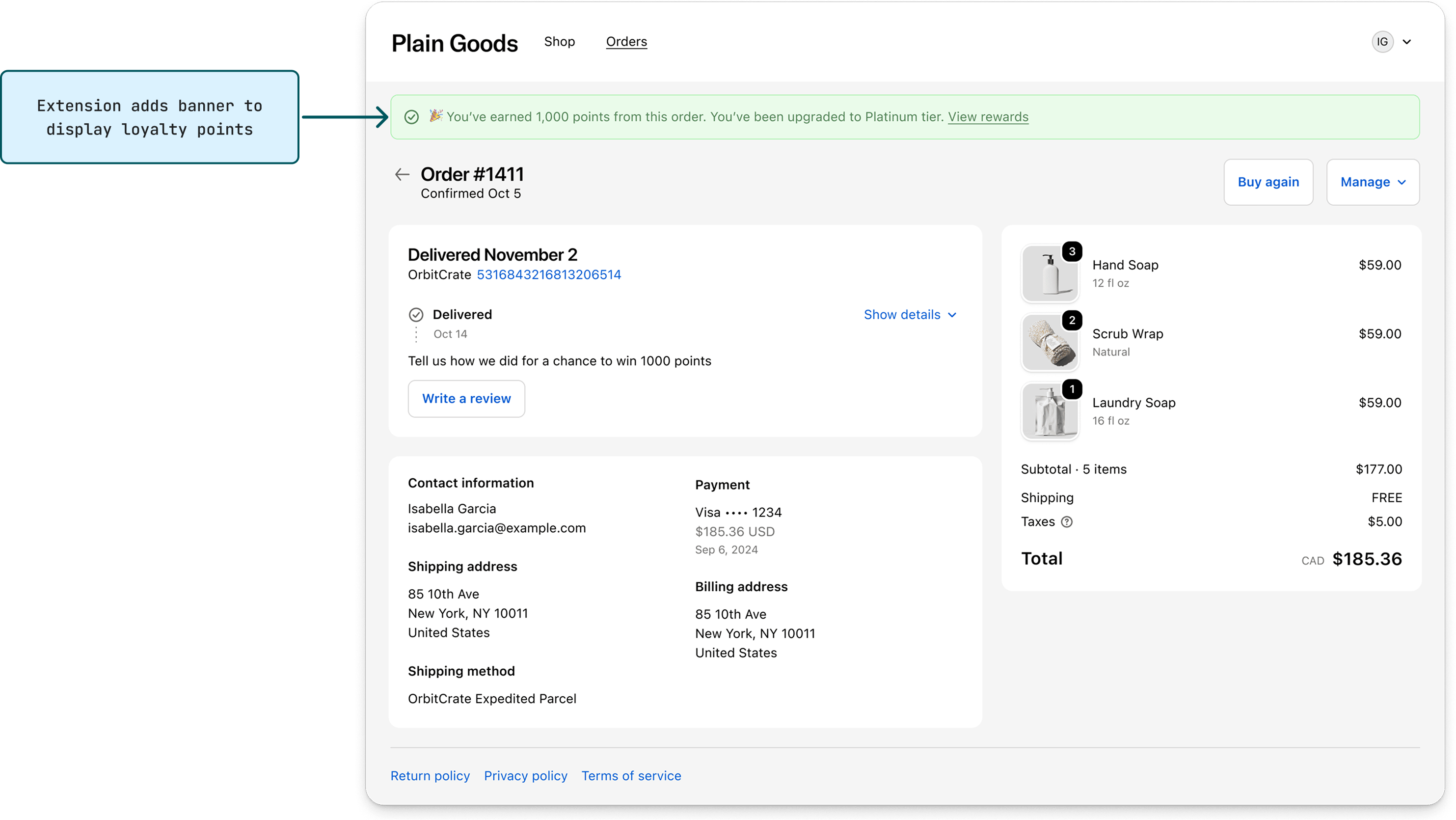 A customer account order status page showing a loyalty points banner added by an app extension, along with order details, shipping information, and a list of purchased items.