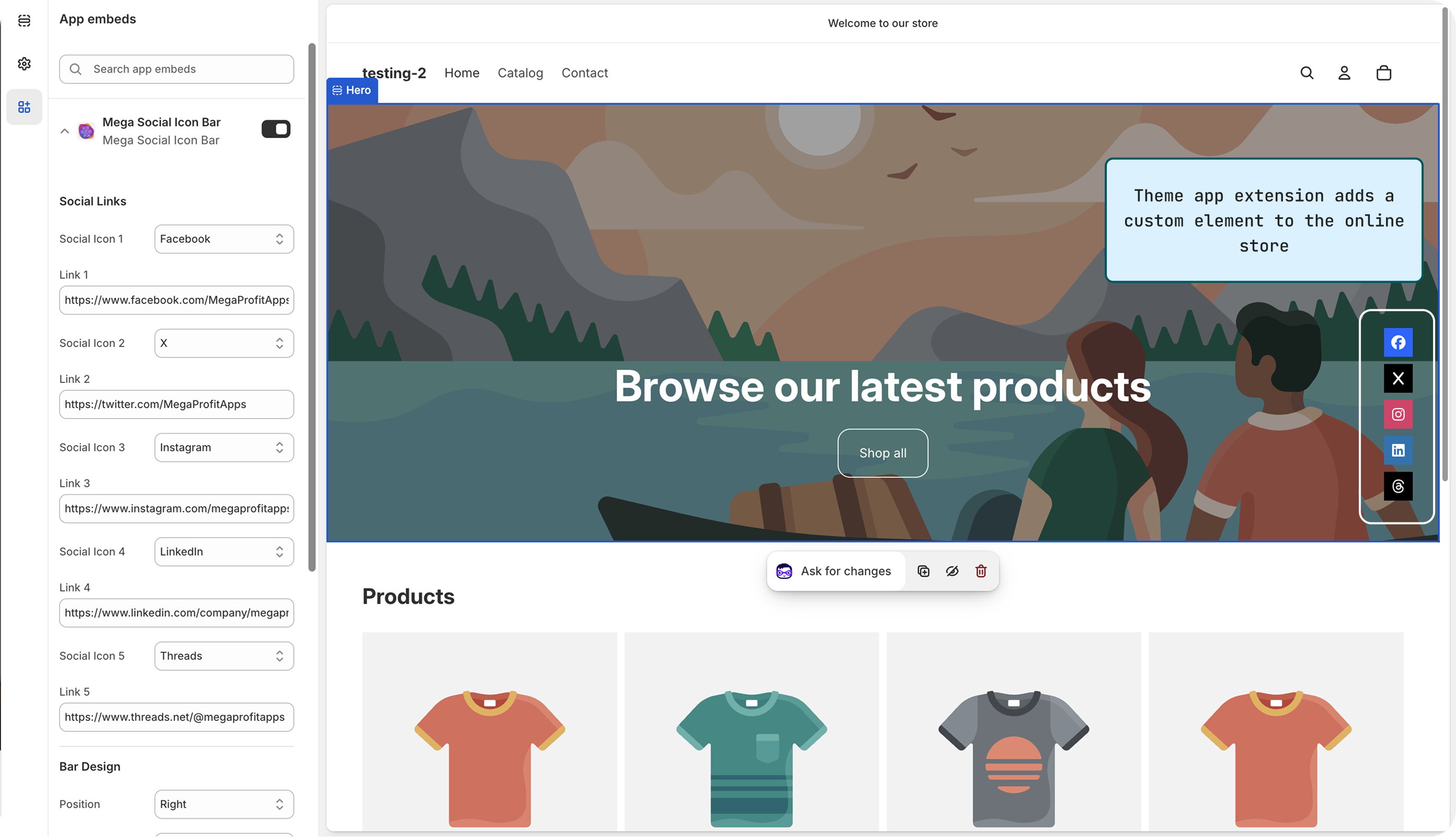 The theme editor showing an app embed called Mega Social Icon Bar that adds social media links to the online store. The storefront preview displays the social icons on the right side of the page.