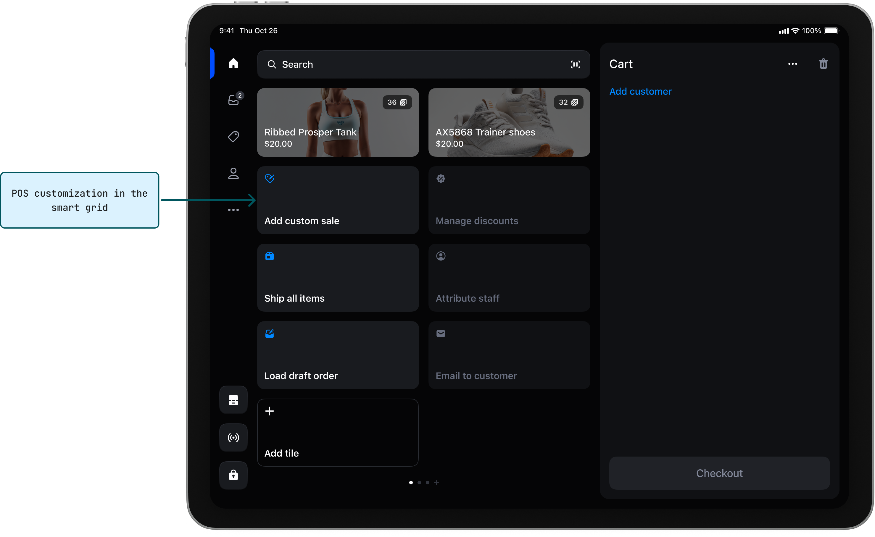 The Shopify POS smart grid on an iPad, showing product tiles, action tiles like Add custom sale and Ship all items, and a cart panel. A callout highlights a POS customization in the smart grid.