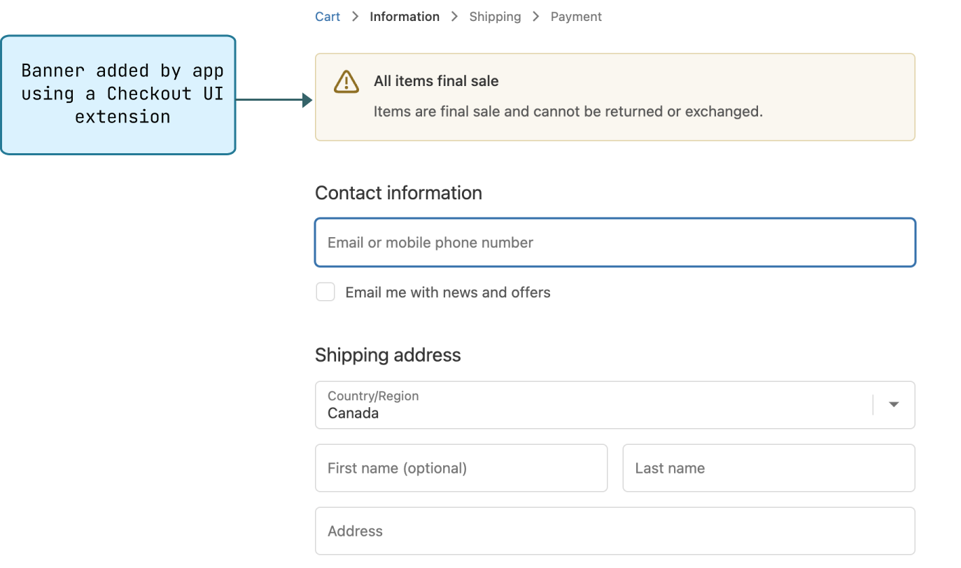 A screenshot of the checkout page in the Shopify admin. An info banner is shown on the order summary page. The screenshot highlights a banner that was added by an app using a checkout UI extension.