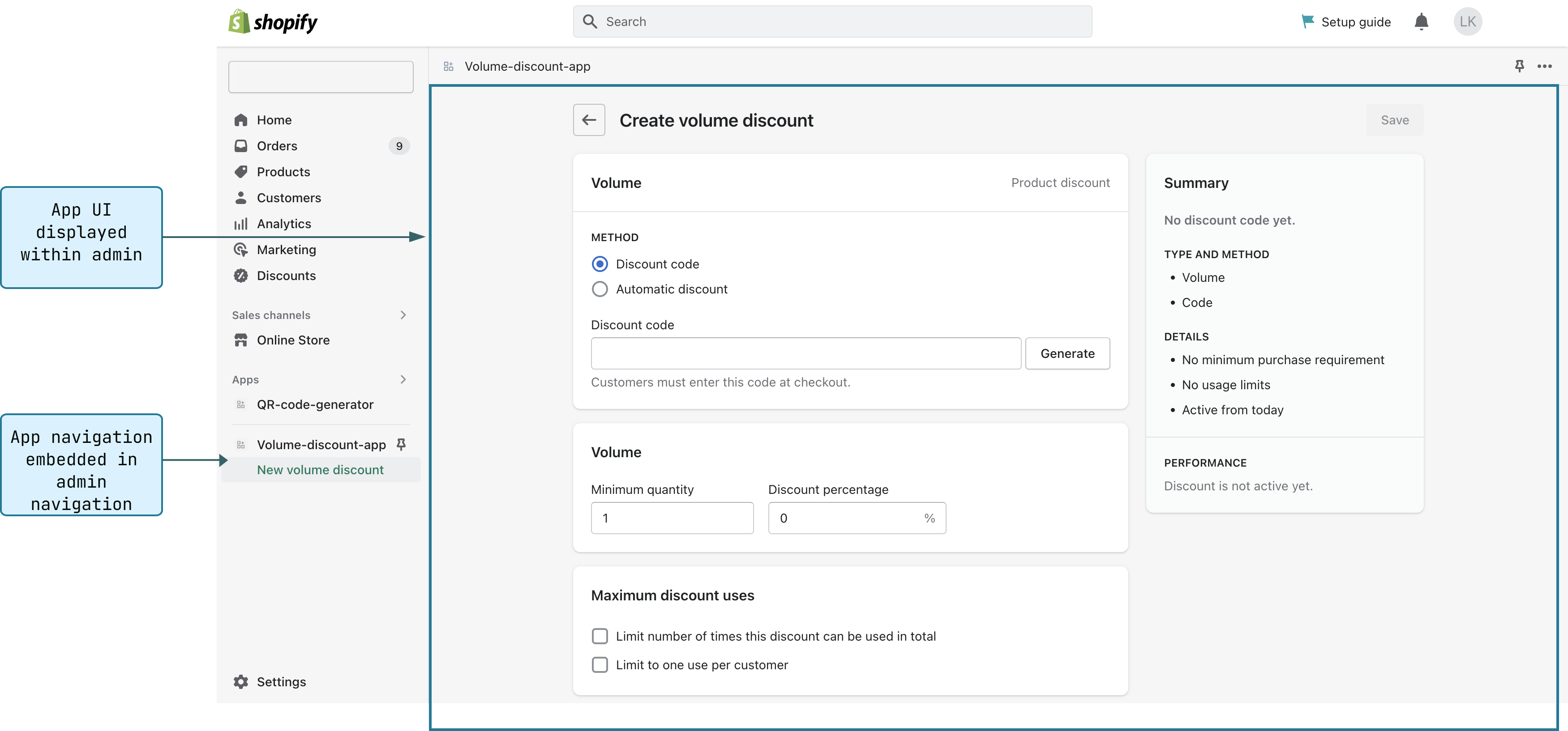 A diagram that shows the Shopify admin with an app in App Home. App navigation is displayed directly in the Shopify admin navigation.