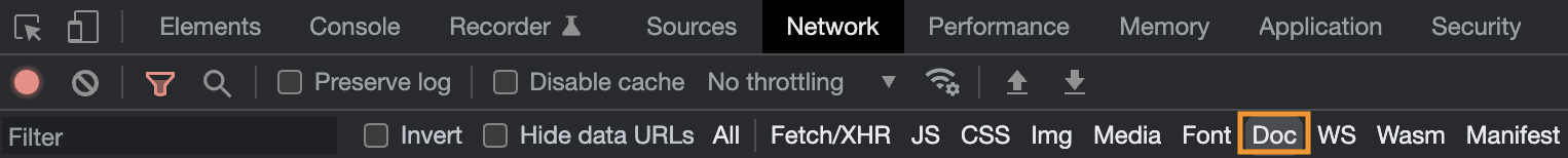 Screenshot showing how to filter requests for documents in the network inspector