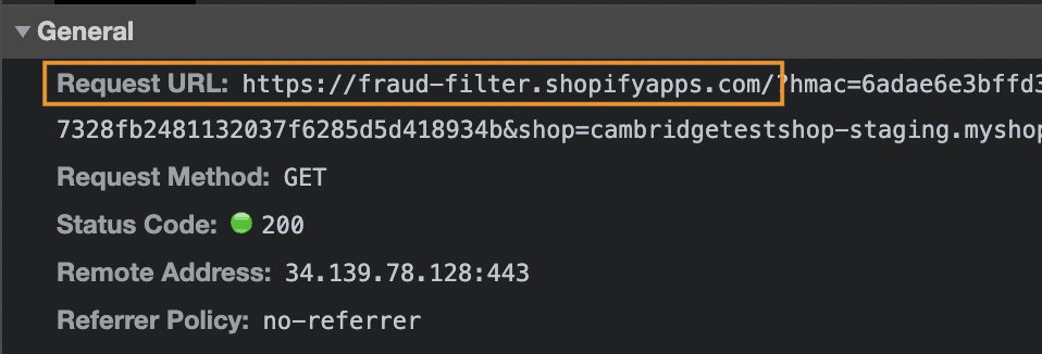 Screenshot showing the filtered request for fraud filter
