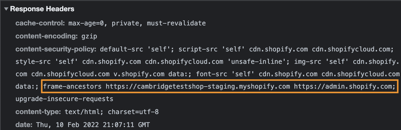 Screenshot showing the response headers for fraud filter