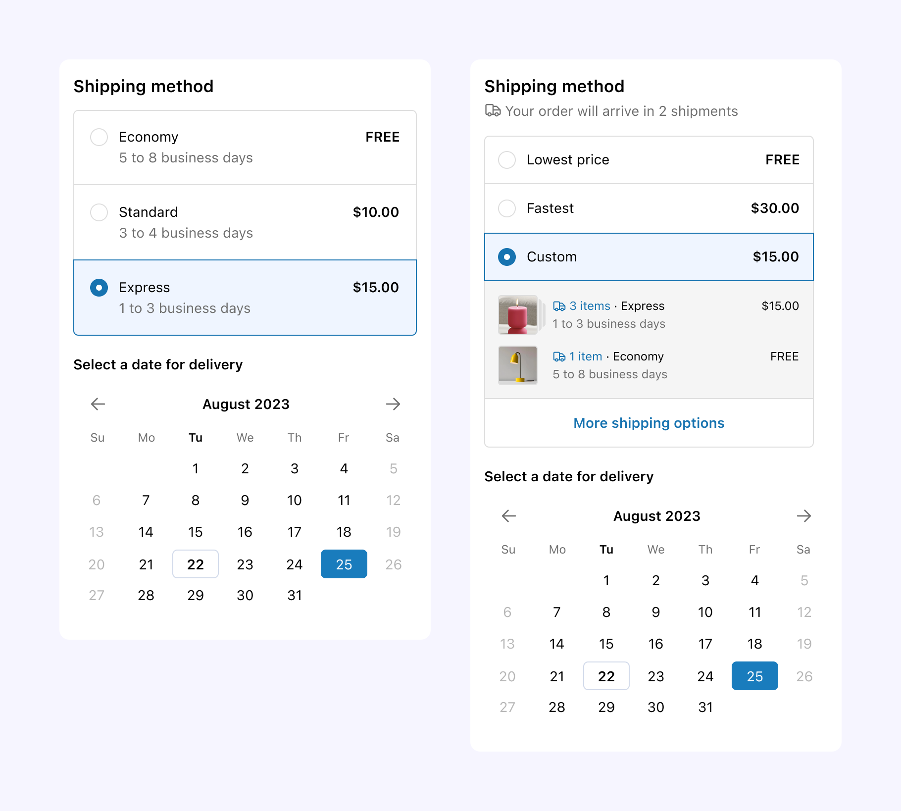 Screenshot showing date pickers for both non-split and split shipping scenarios