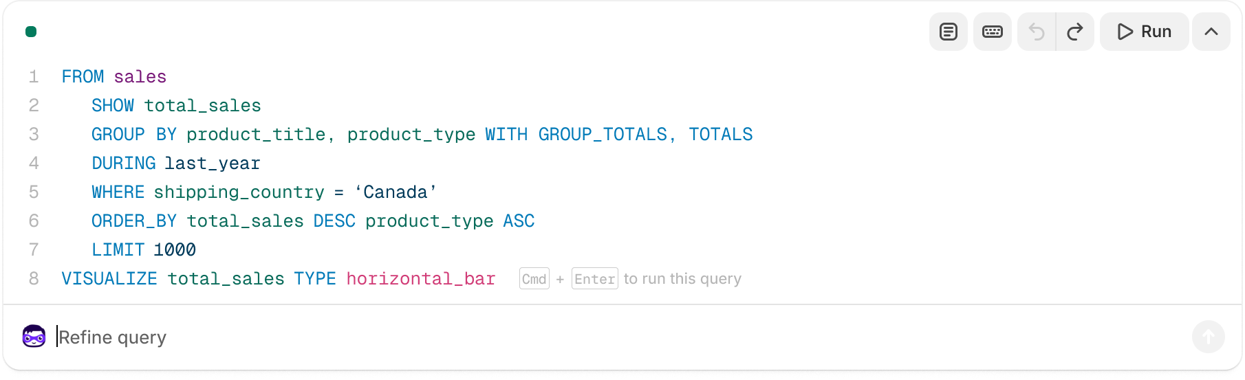 The ShopifyQL editor in the Shopify admin, showing a query and its rendered results.