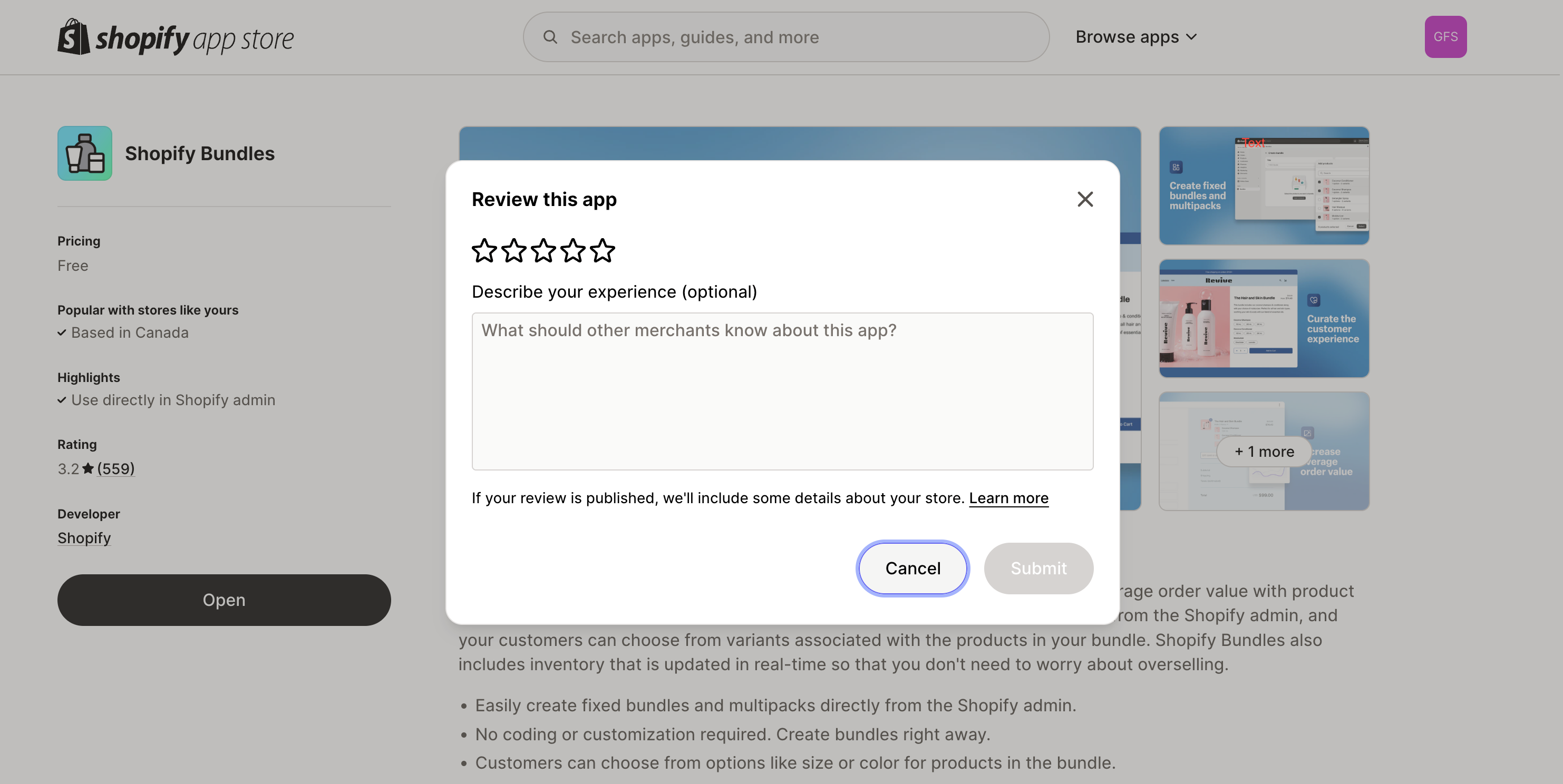 Review modal example on the Shopify App Store