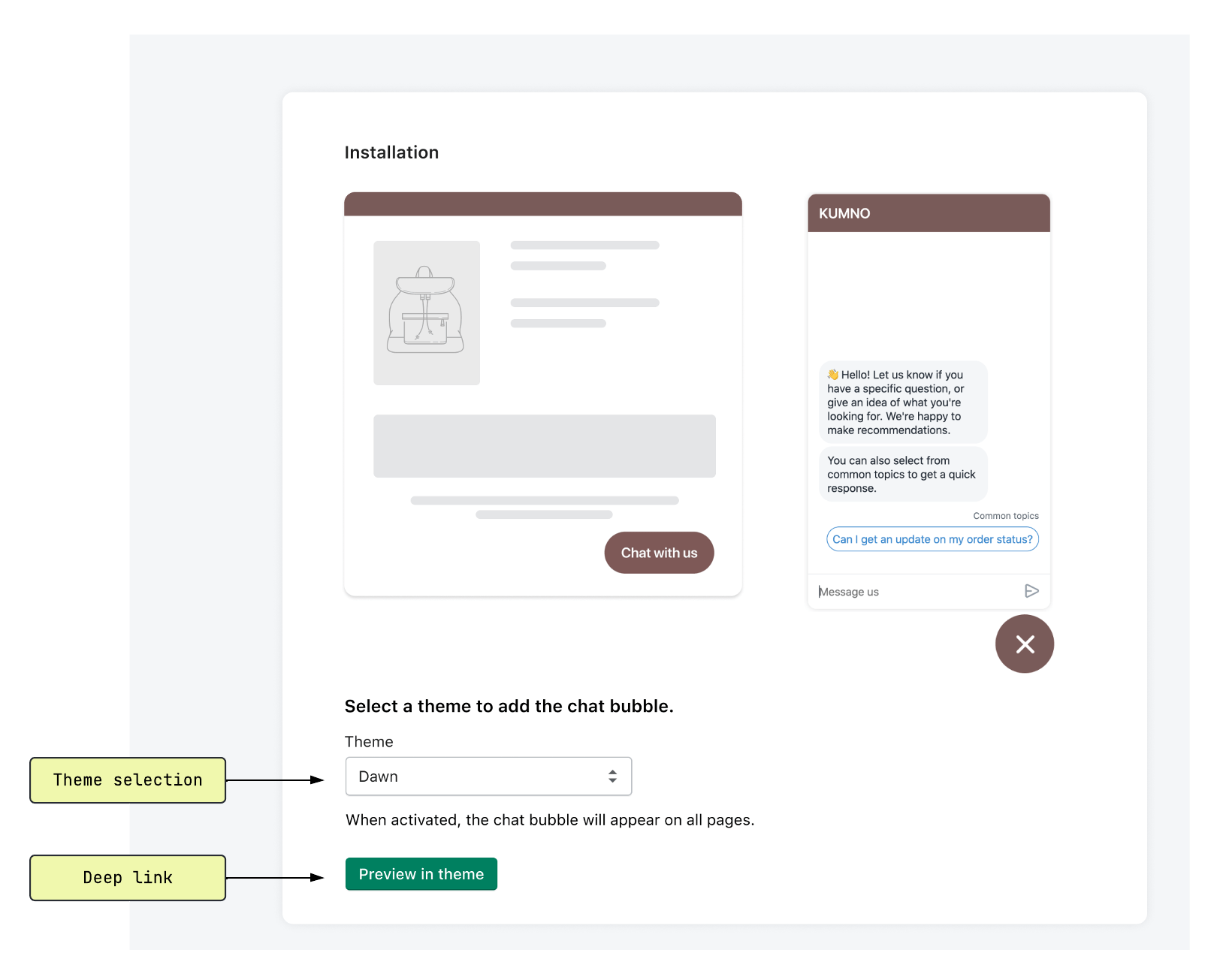 You can prompt merchants to select the theme that they want to use with your app, and provide a deep link so merchants can preview and use your app right away.
