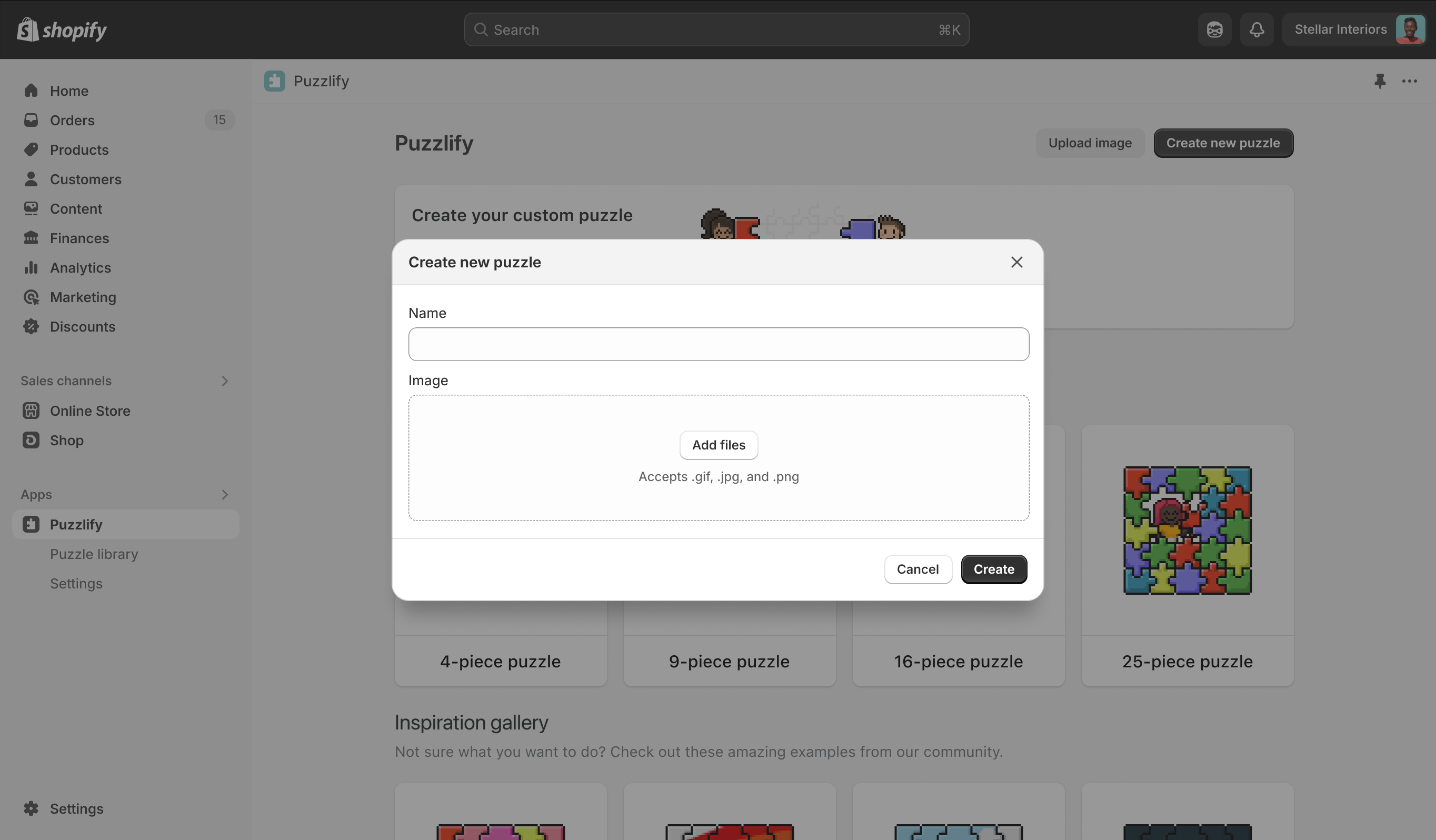 An App Bridge modal in an app in App Home. The modal displays the title: Create new puzzle. It features two form fields in the content: a text field with the label Name and an Add files field with the label Image. It features two buttons: a white button with the label Cancel, and a black button with the label Create.