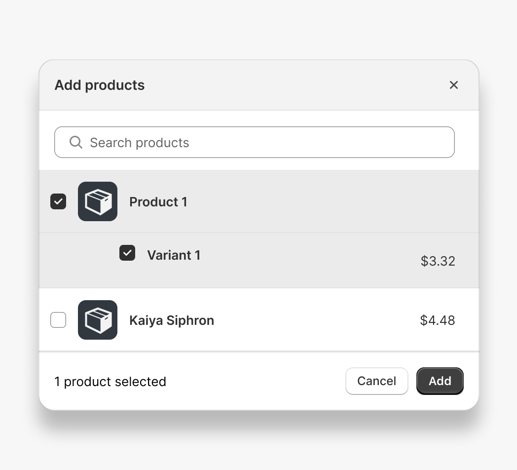 A close-up image of a resource picker. The resource picker displays the title: Add products and a search input field with the label: Search products. Below the search interface are rows of placeholder resources. Product 1 and variant 1 are both selected. The picker features two buttons: a white button with the label Cancel, and a green button with the label Add.