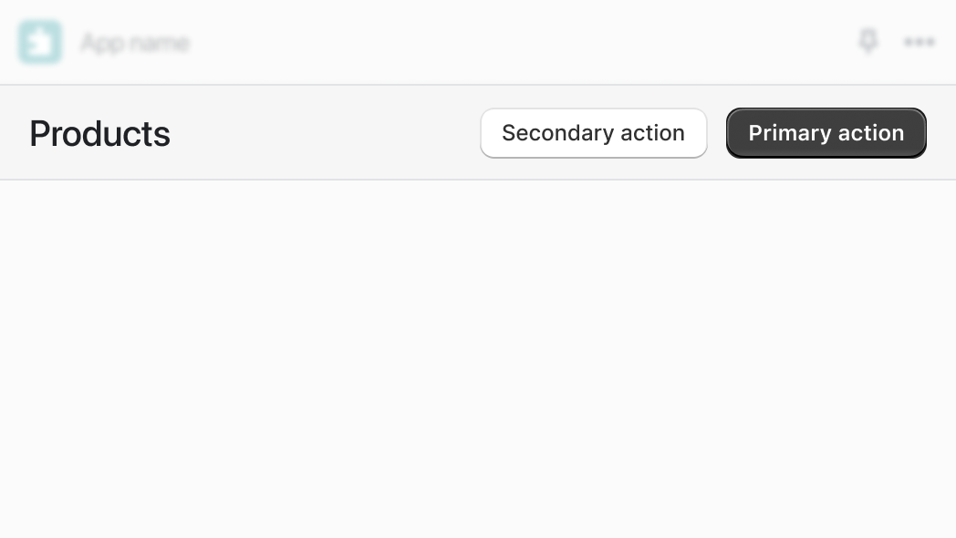 A close-up image of a title bar within the Shopify admin. The title bar displays the title: Breadcrumbs / Title. It also displays two buttons: a white button with the label Secondary Action, and a green button with the label Primary Action.
