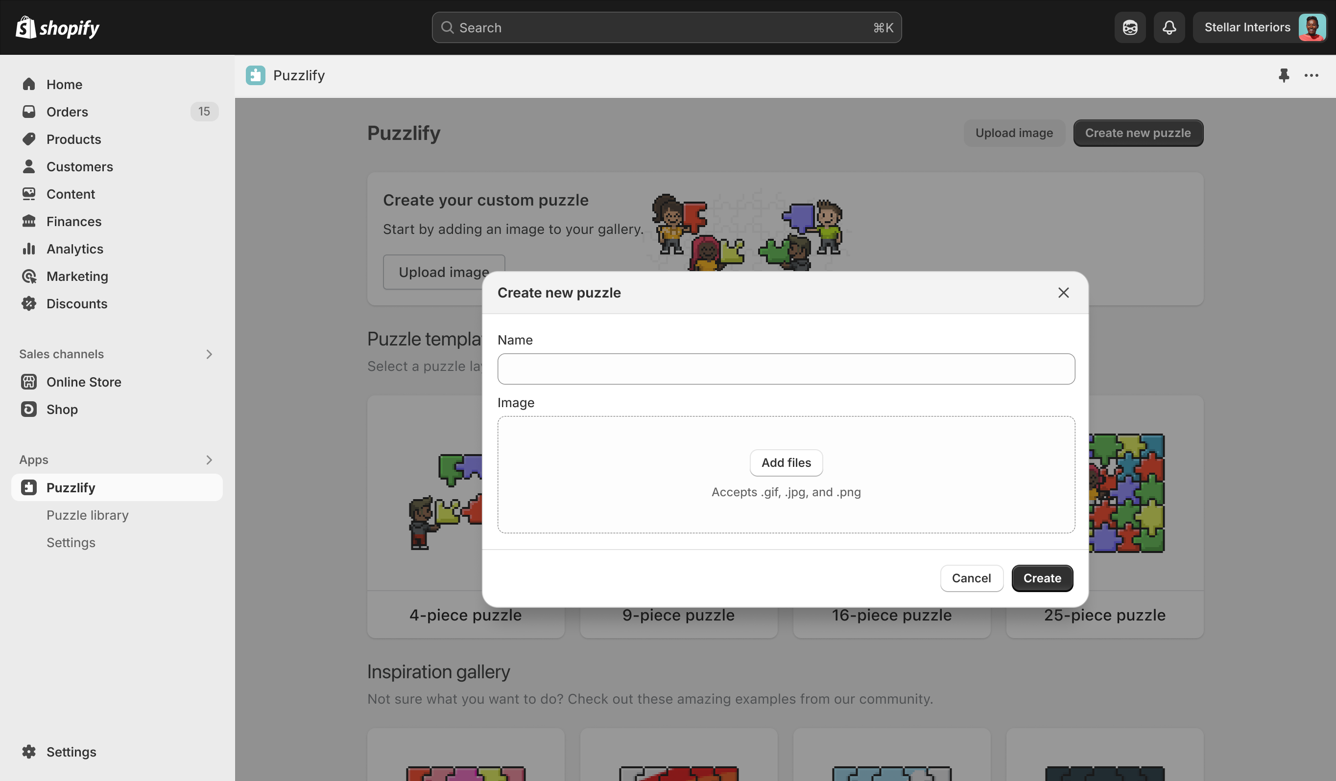 A Polaris React modal in an app in App Home. The modal displays the title: Create new puzzle. It features two form fields in the content: a text field with the label Name and an Add files field with the label Image. It features two buttons: a white button with the label Cancel, and a black button with the label Create.