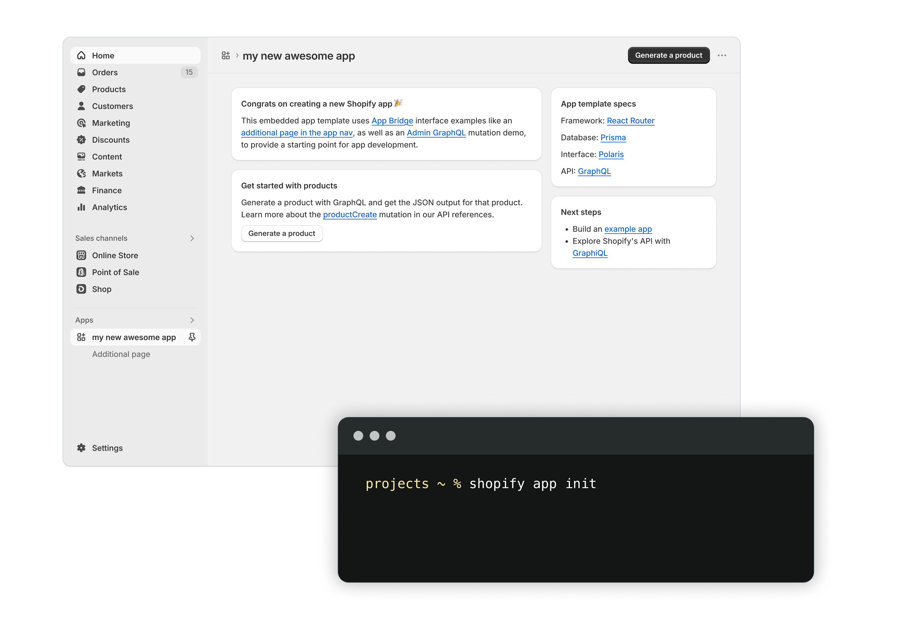 Screenshot showing a simple app in the Shopify admin