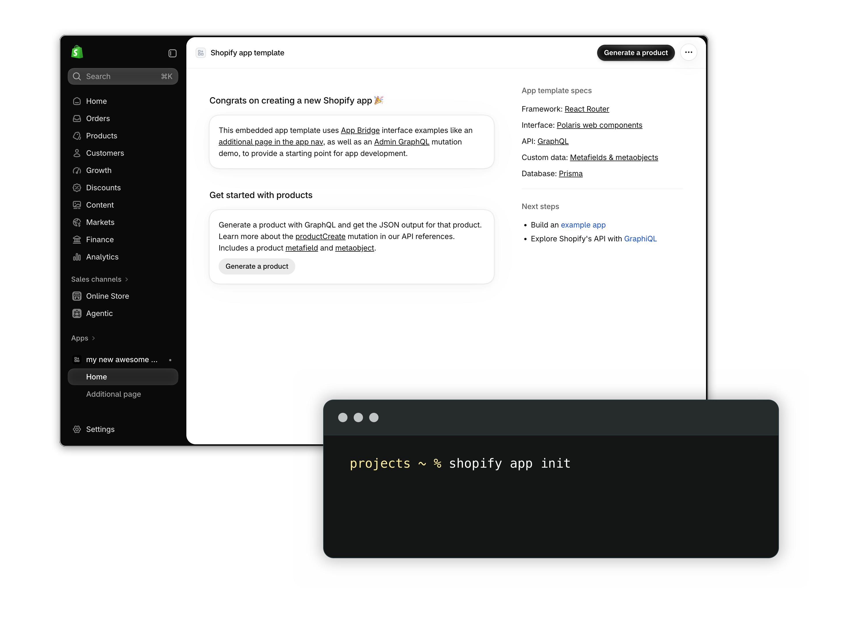The scaffolded app template running in the Shopify admin, with a terminal window in front of it running shopify app init.