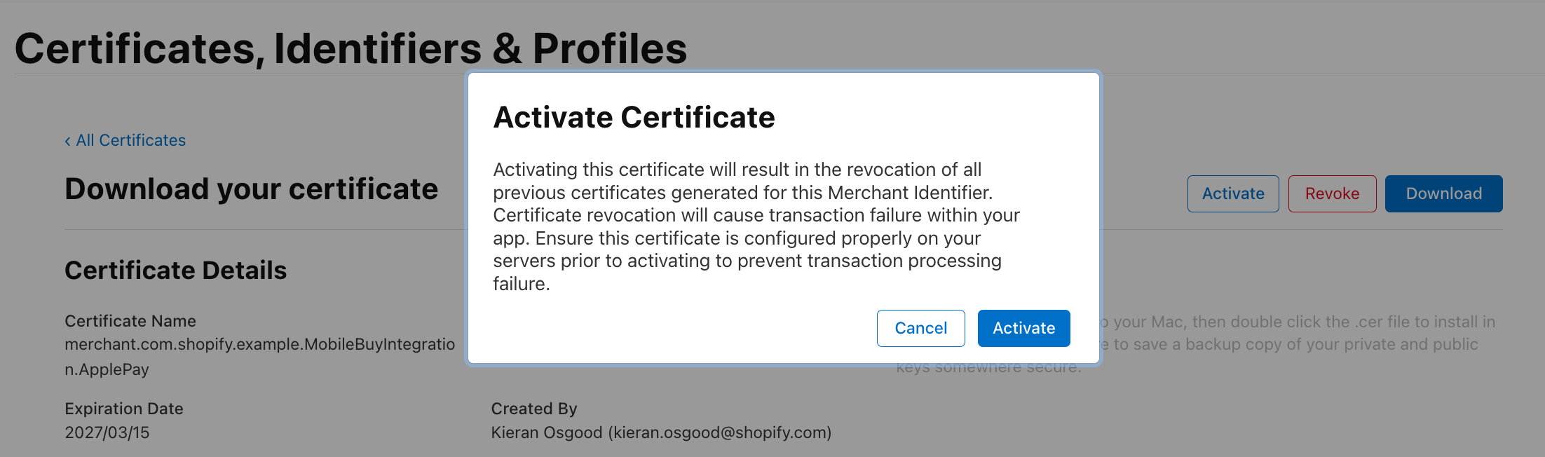 Apple Developer Portal dialog confirming certificate activation for payment processing.