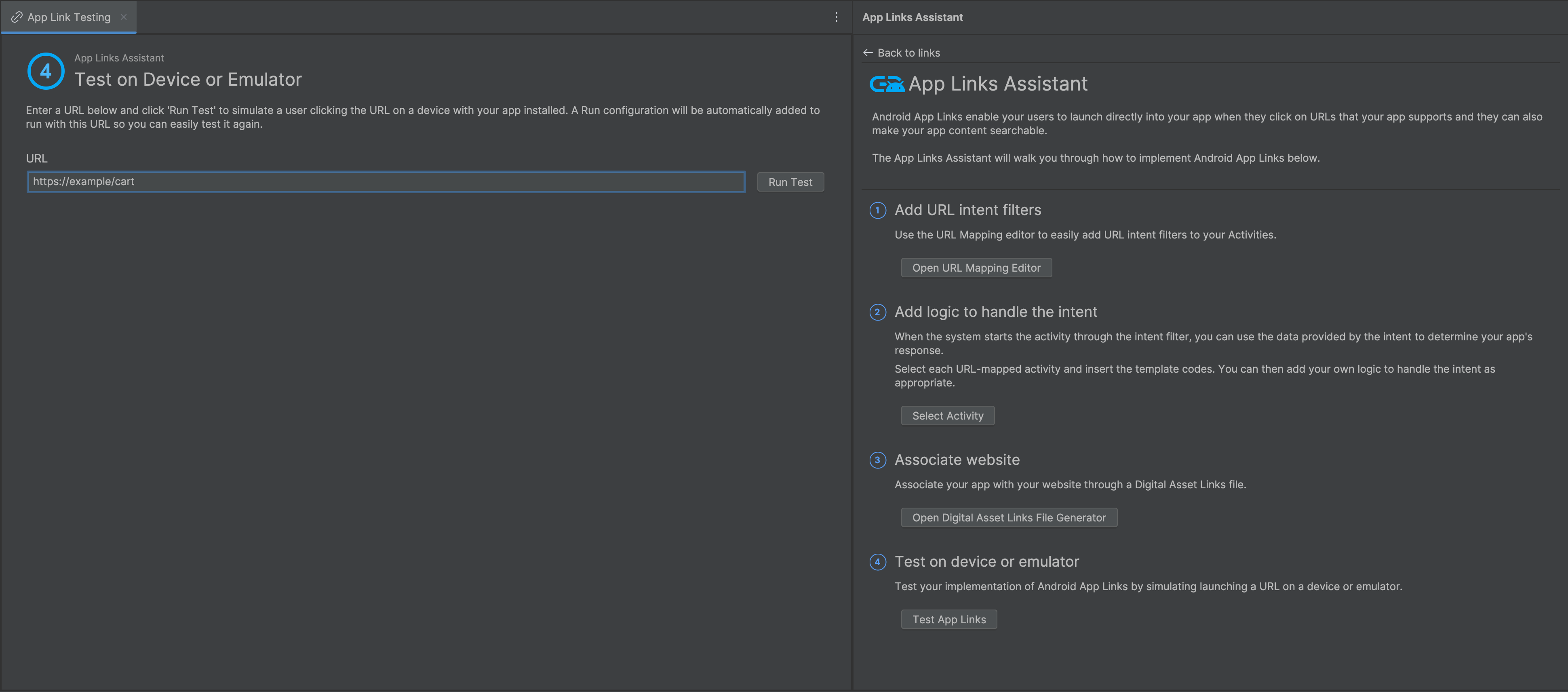 Android Studio App Links Assistant showing verified app links.