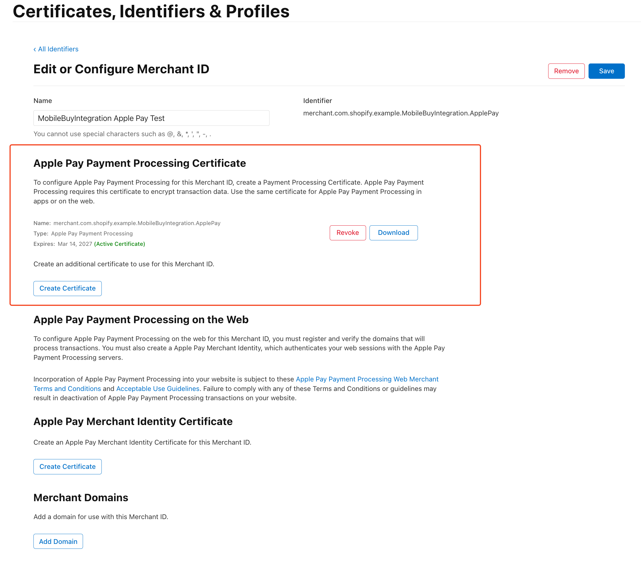 Apple Developer Portal showing the Apple Pay Payment Processing Certificate option under Certificates.