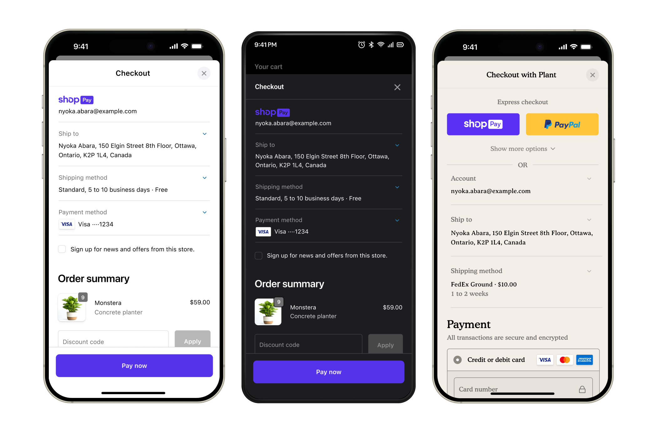 Three mobile screens showing a Shopify checkout with store branding, Shop Pay, and order confirmation.