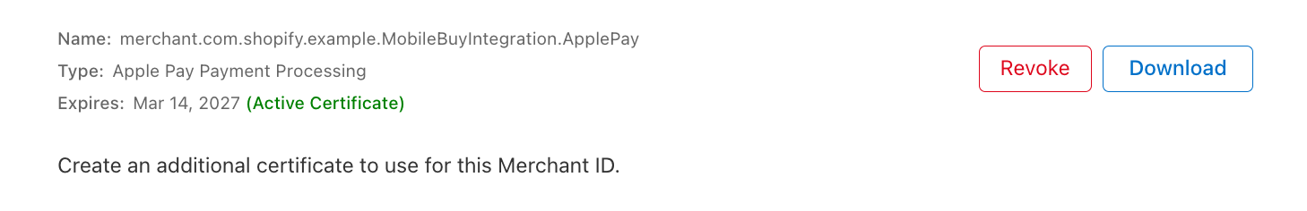 Apple Developer Portal showing the Download Certificate button for the Apple Pay certificate.