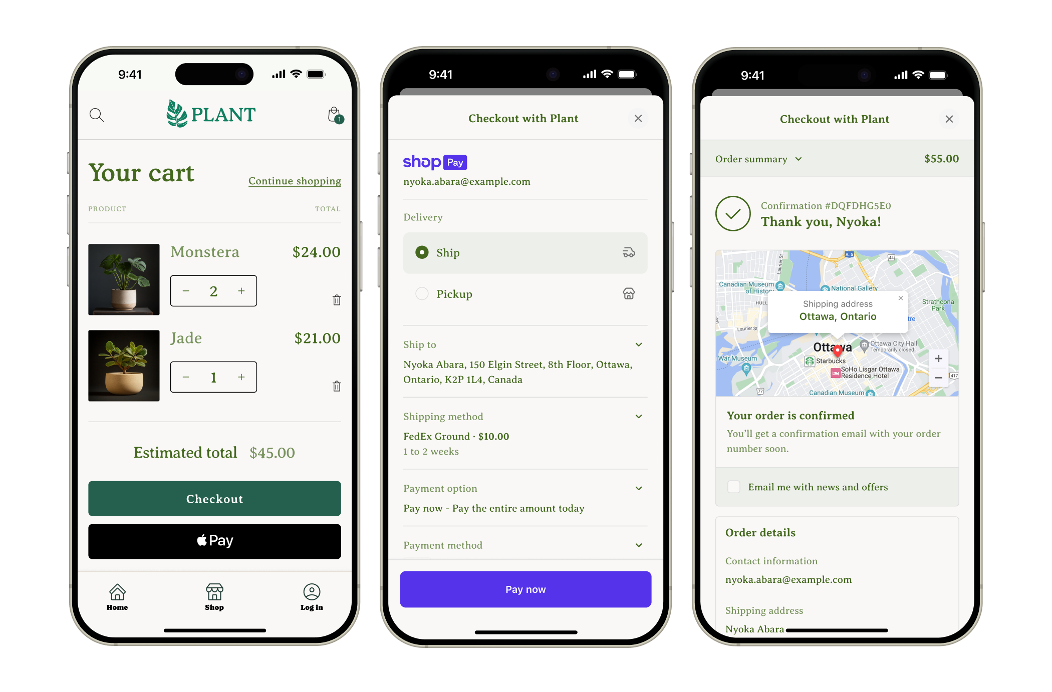 A mobile app displaying products from a Shopify store with a product detail page and cart.