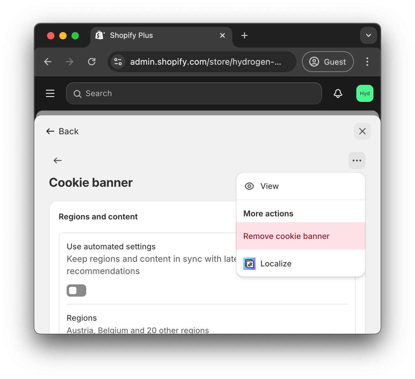 Remove cookie banner selected in the More actions menu