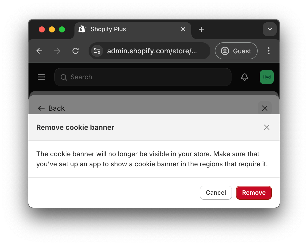 Confirmation modal to remove cookie banners