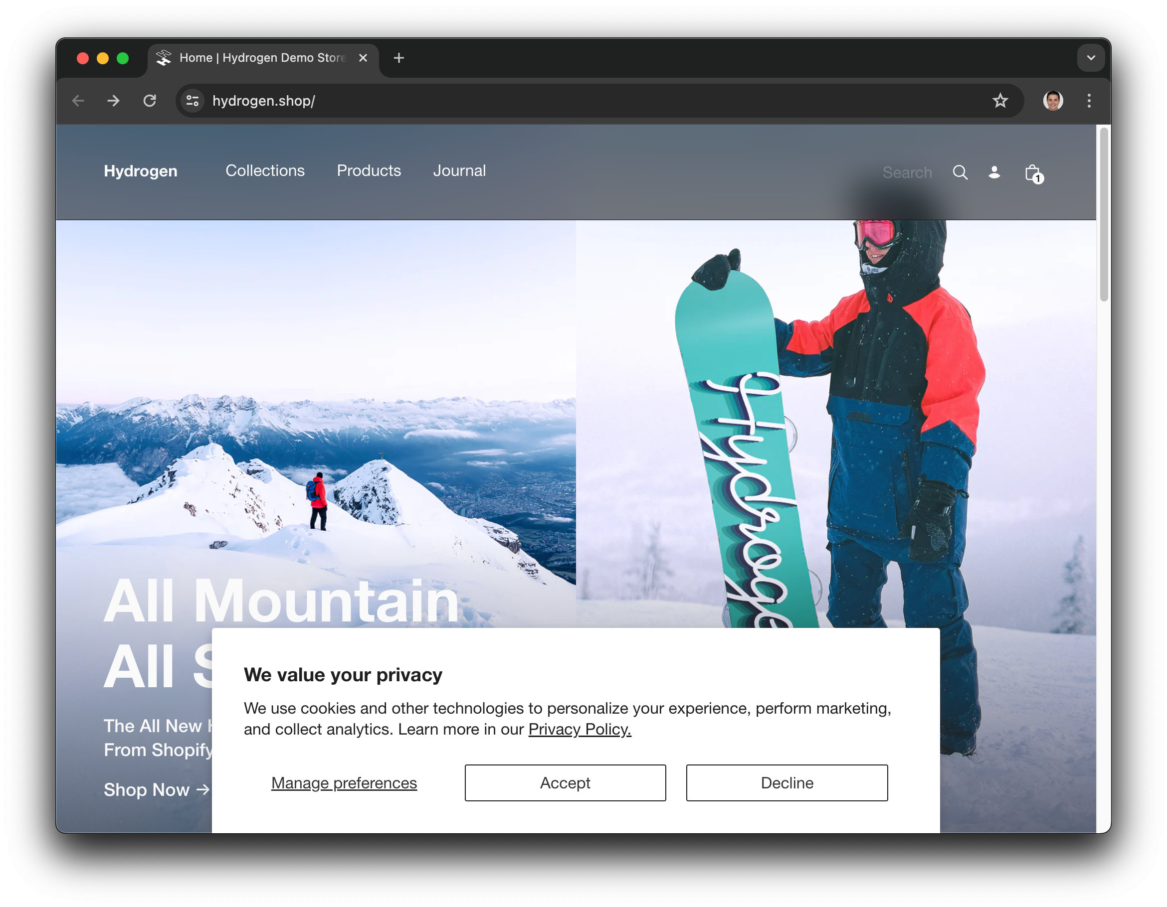 Hydrogen demo store showing Shopify's default cookie permission banner