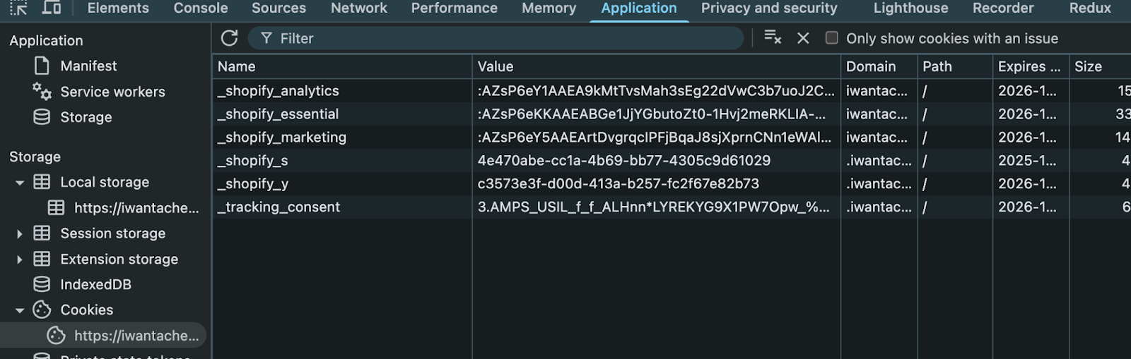 Developer tools showing cookie values