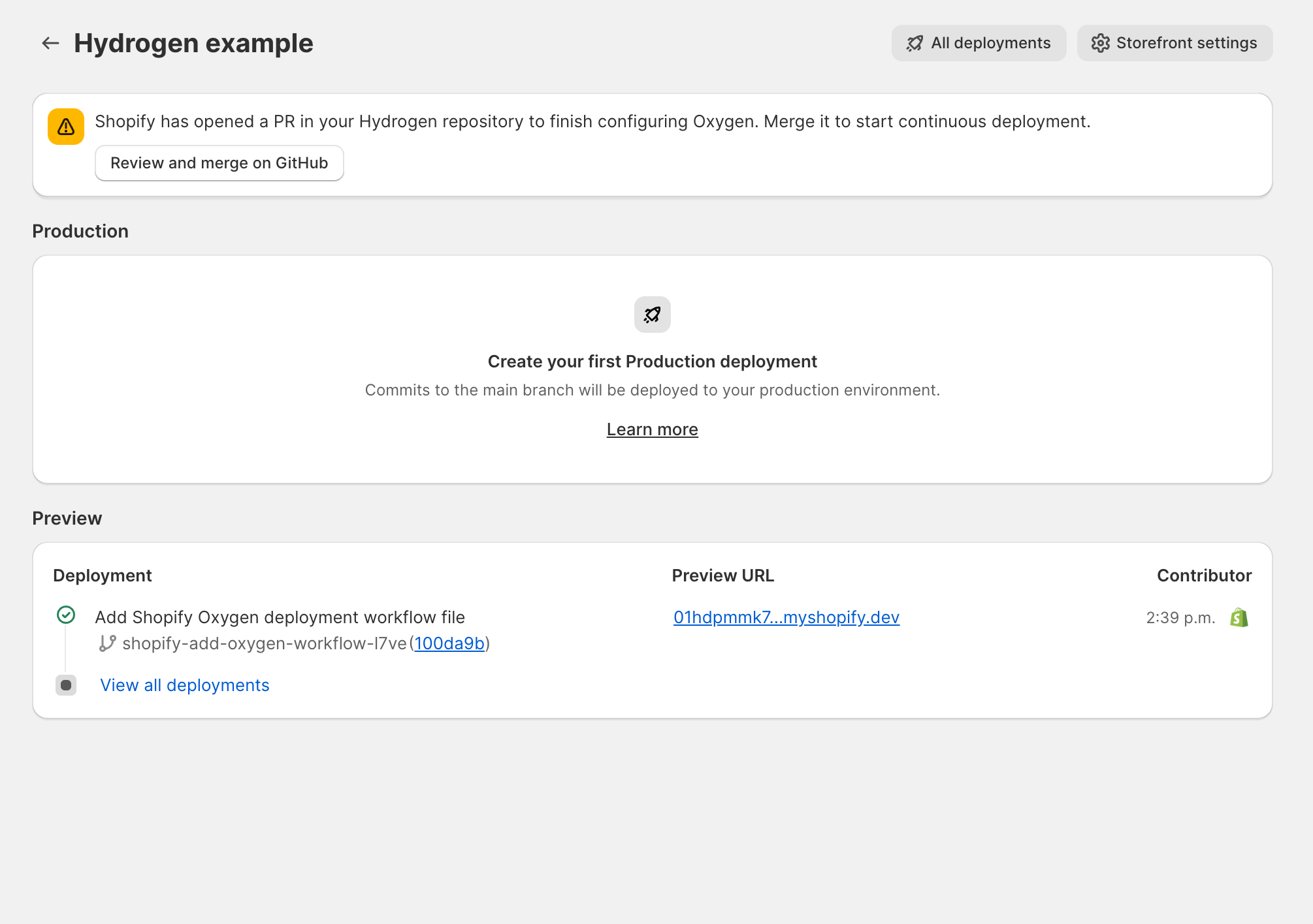 Hydrogen storefront overview page with an alert banner asking to review and merge a pull request on GitHub
