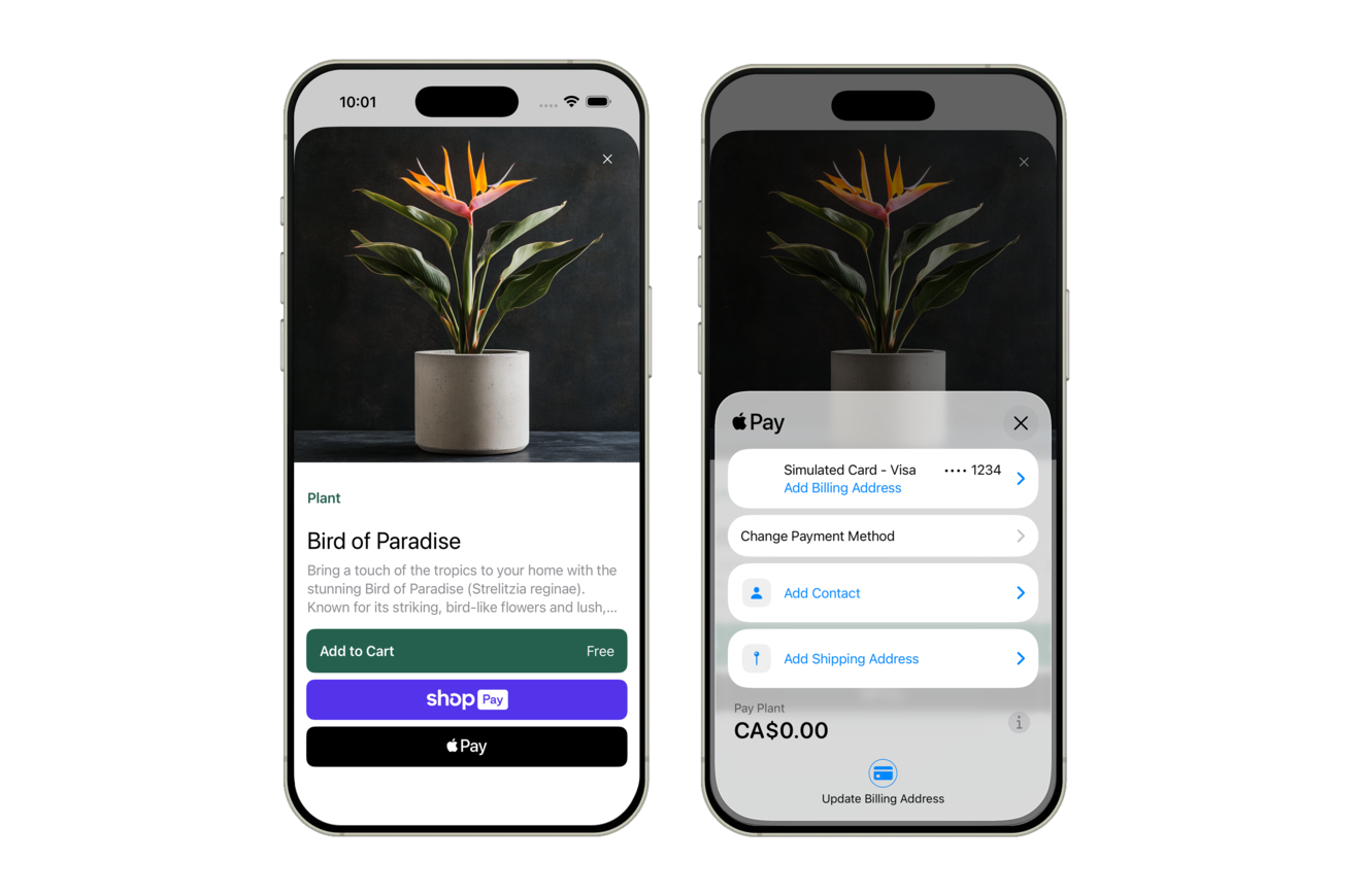 Two iPhone screens side by side: a product page for a Bird of Paradise plant with Add to Cart, Shop Pay, and Apple Pay buttons, and the Apple Pay payment sheet ready for one-tap checkout.