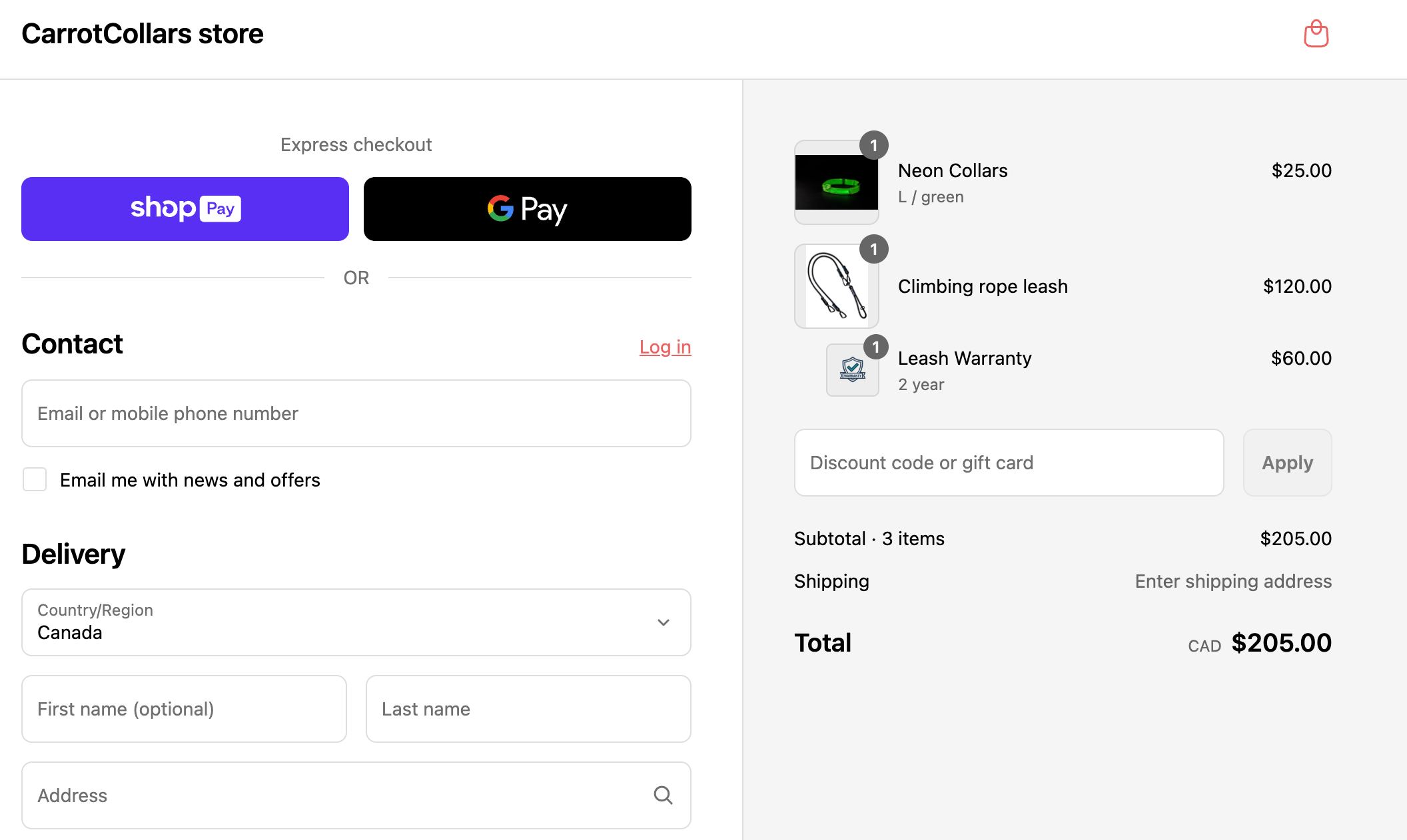 Checkout showing Leash Warranty nested under the Climbing rope leash parent line