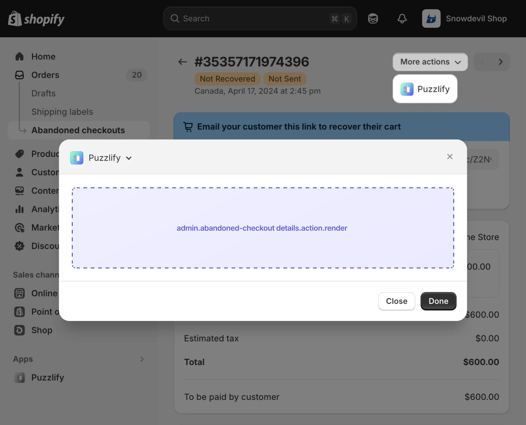 Shopify admin abandoned checkout details page with a modal dialog open, showing the extension target slot inside the modal.