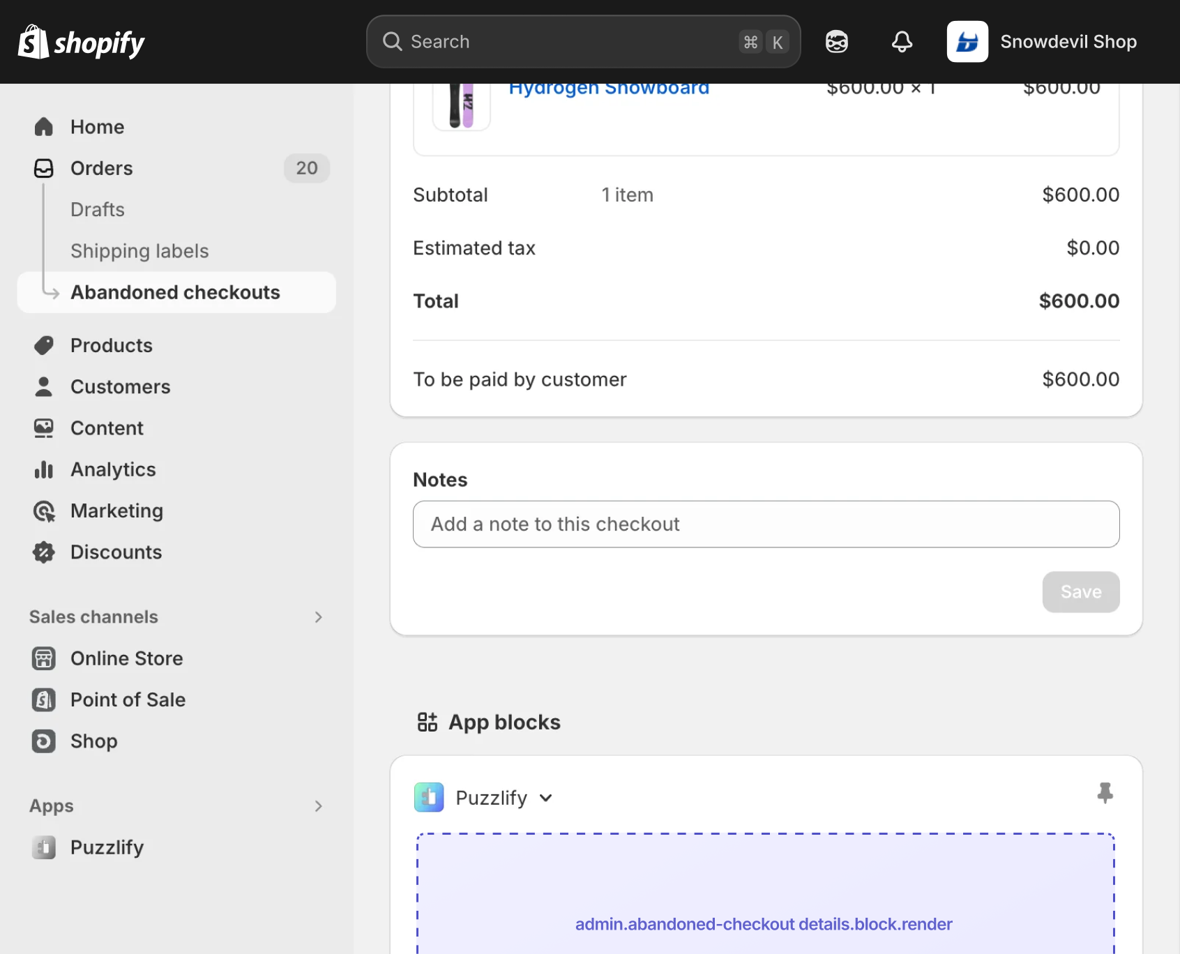 Shopify admin abandoned checkout details page with the extension target slot displayed as an inline app block.