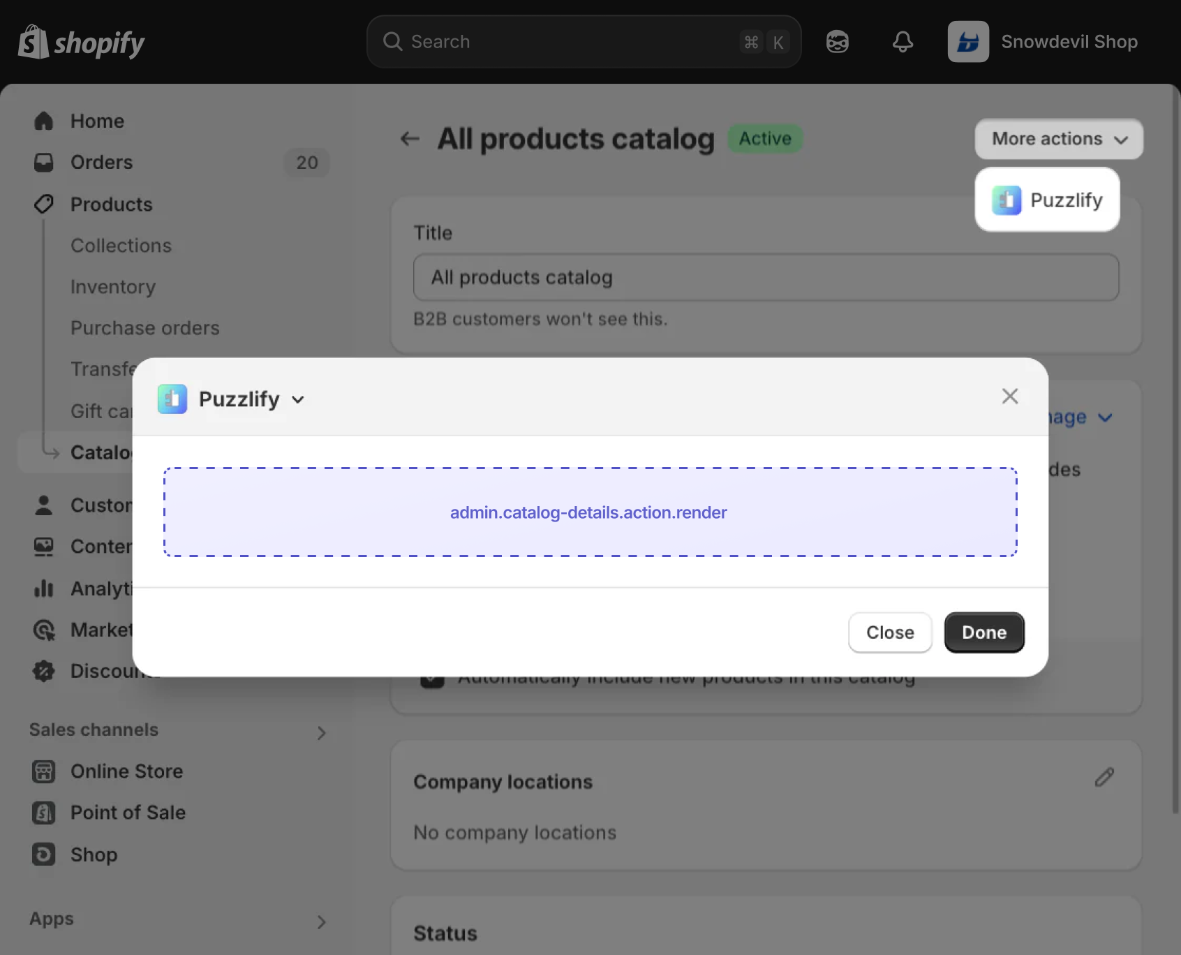 Shopify admin catalog details page with a modal dialog open, showing the extension target slot inside the modal.