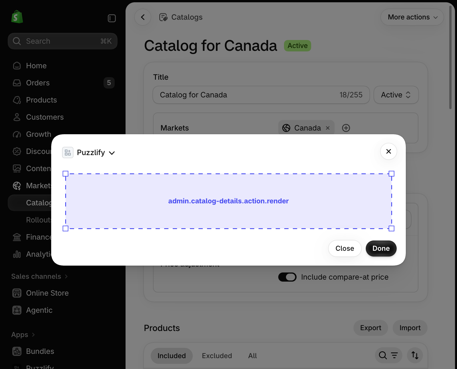 Shopify admin catalog details page with a modal dialog open, showing the extension target slot inside the modal.