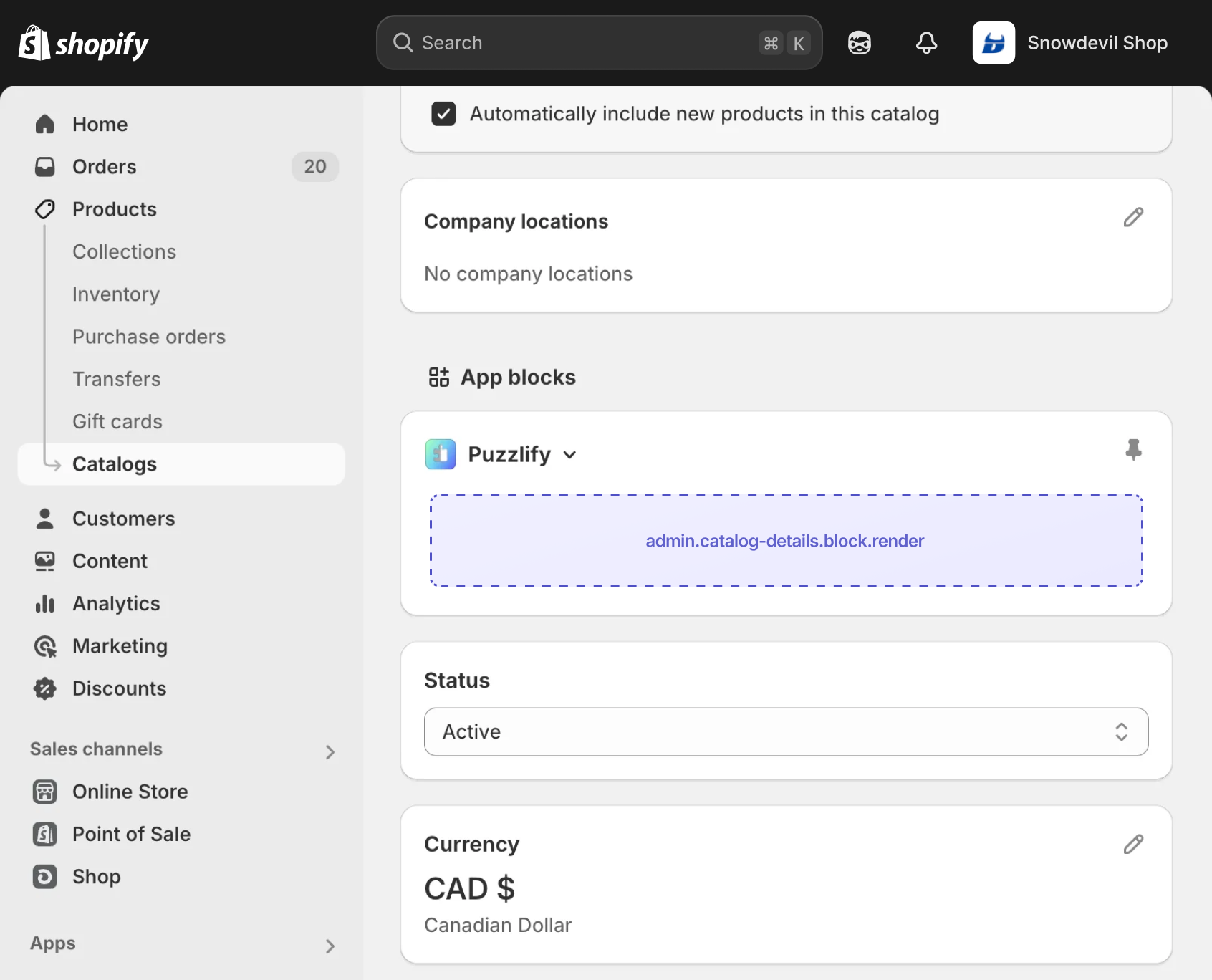 Shopify admin catalog details page with the extension target slot displayed as an inline app block.