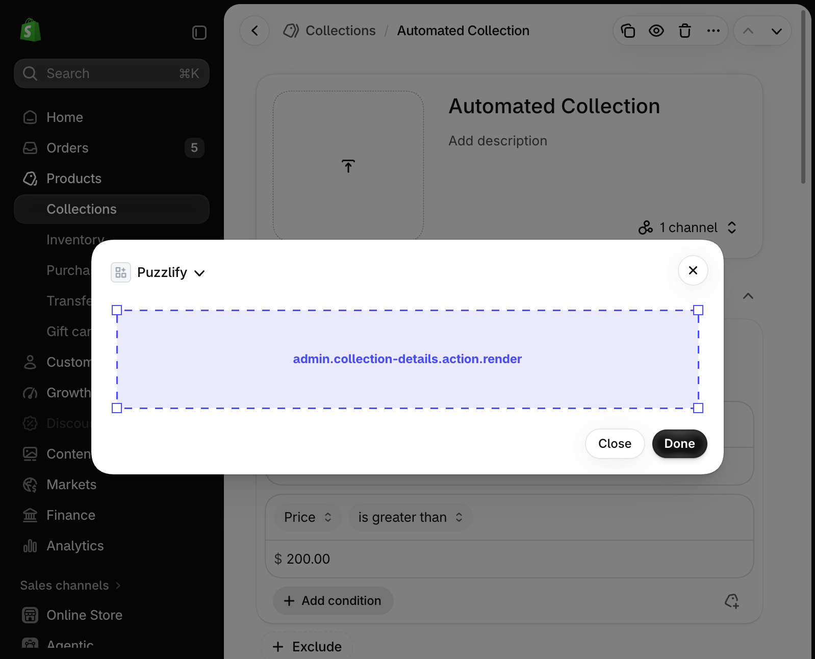 Shopify admin collection details page with a modal dialog open, showing the extension target slot inside the modal.