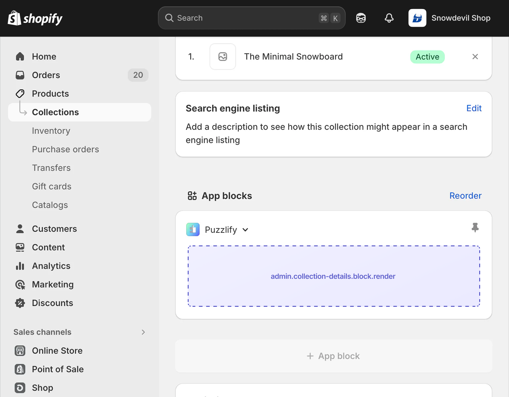 Shopify admin collection details page with the extension target slot displayed as an inline app block.