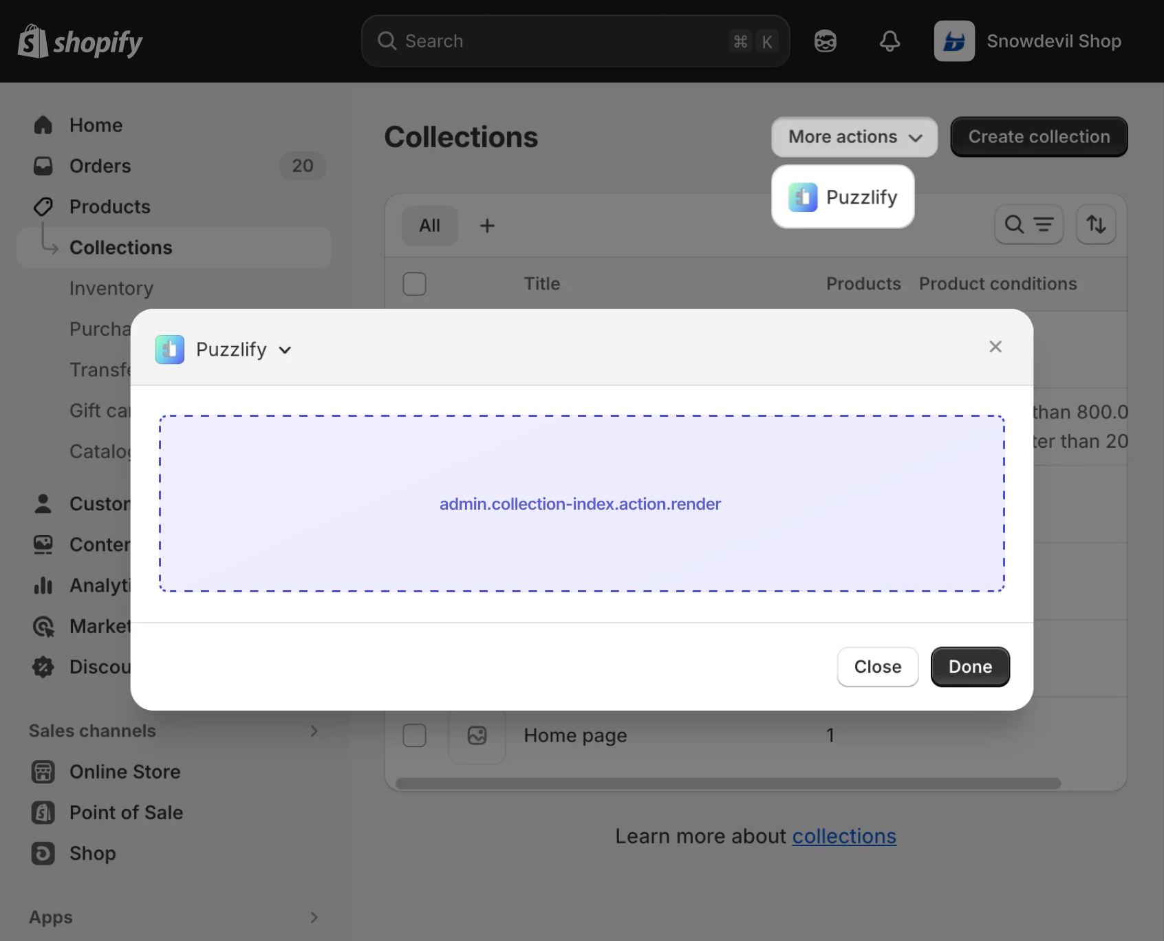 Shopify admin collection index page with a modal dialog open, showing the extension target slot inside the modal.