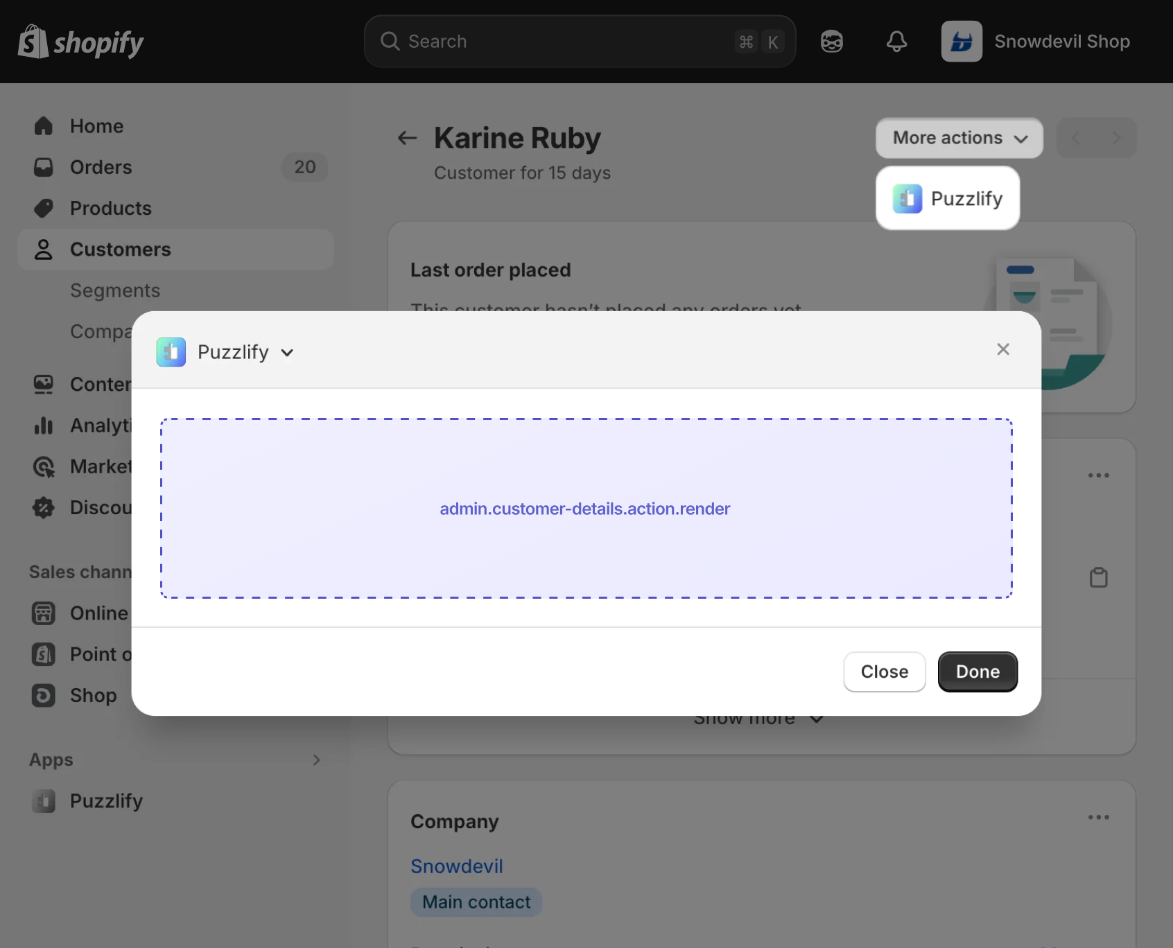 Shopify admin customer details page with a modal dialog open, showing the extension target slot inside the modal.